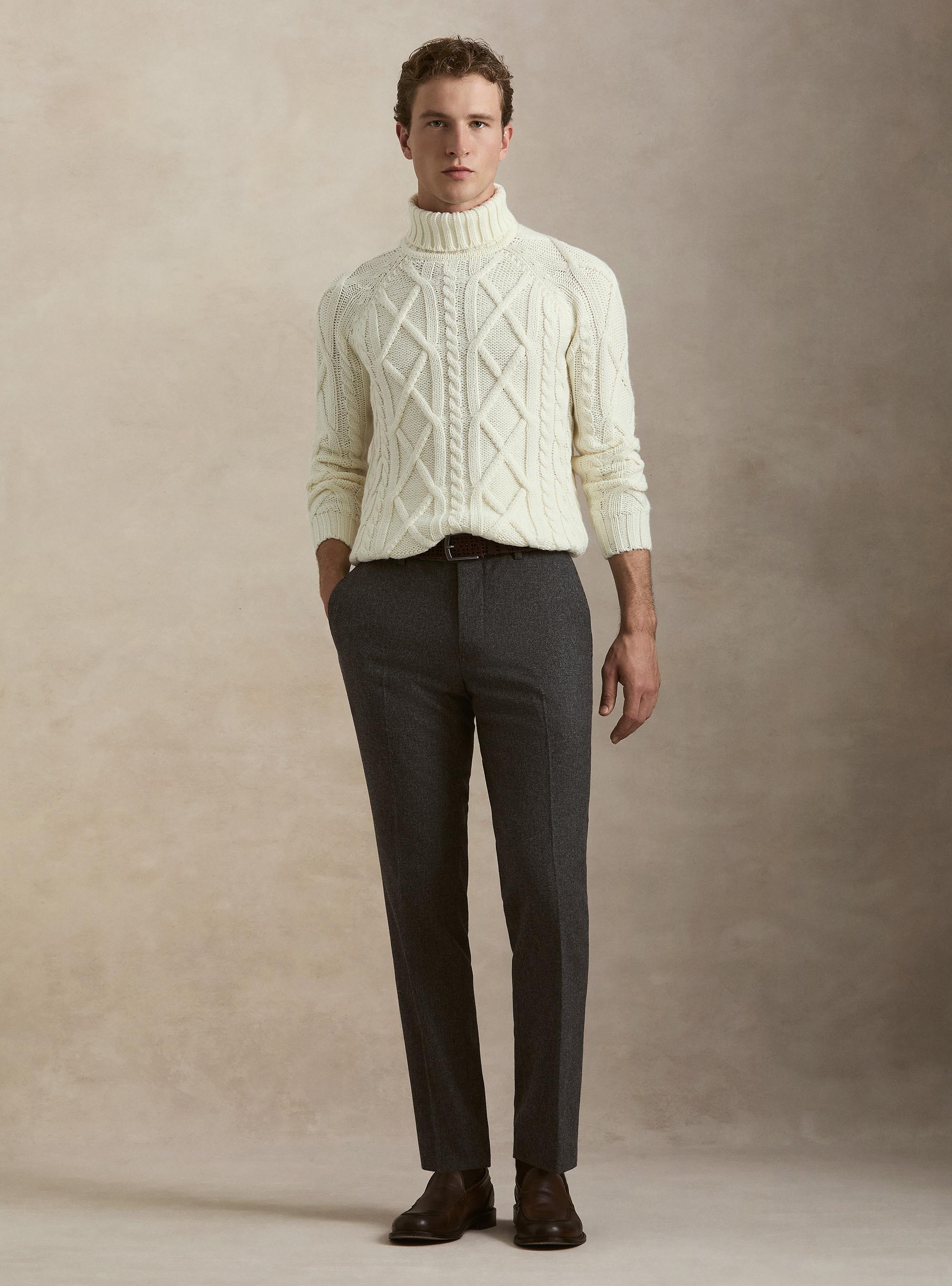 Cable Knit Wool Blend Turtleneck, WHITE