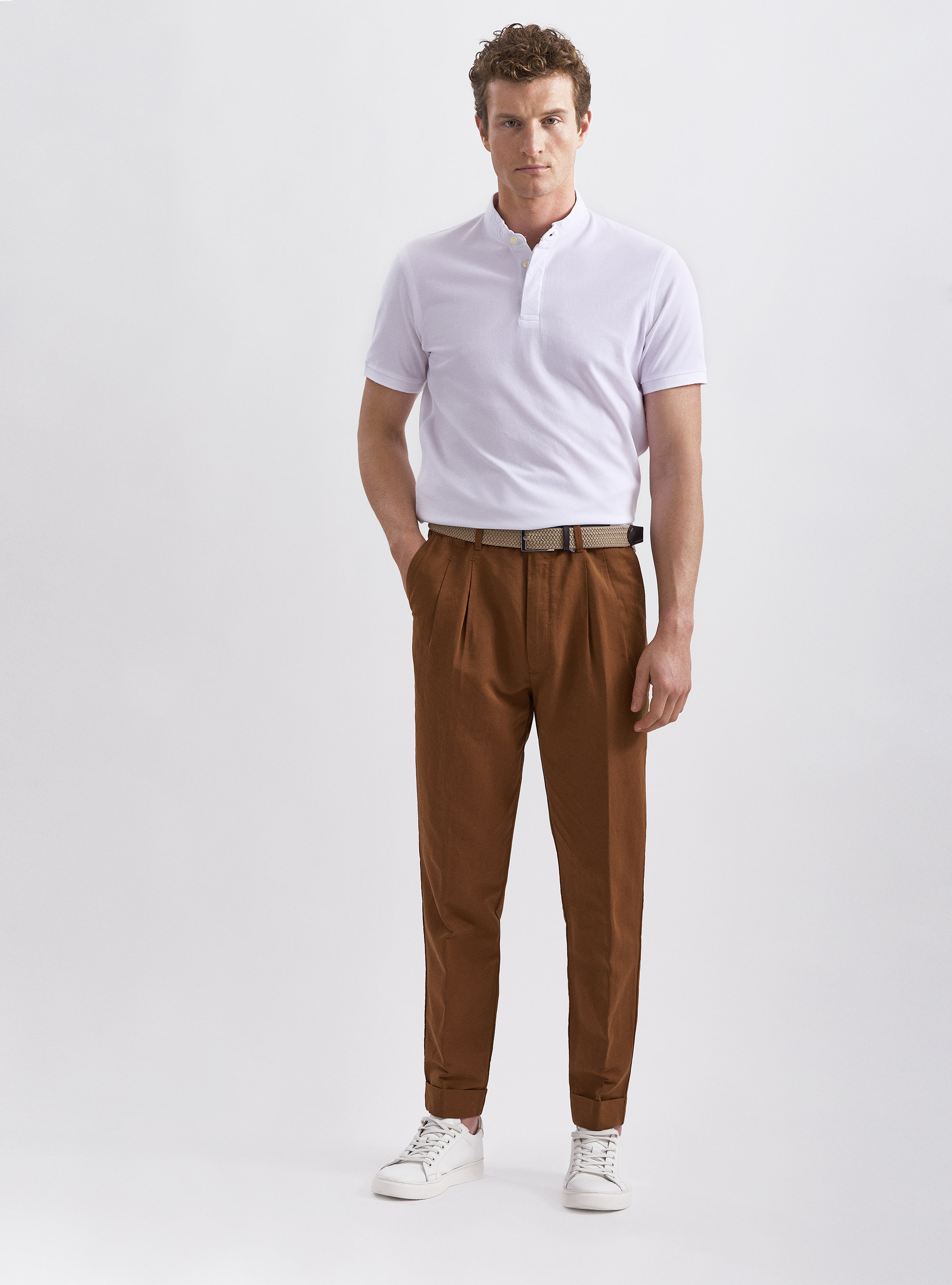 Polo collo alla coreana 100% cotone, BIANCO