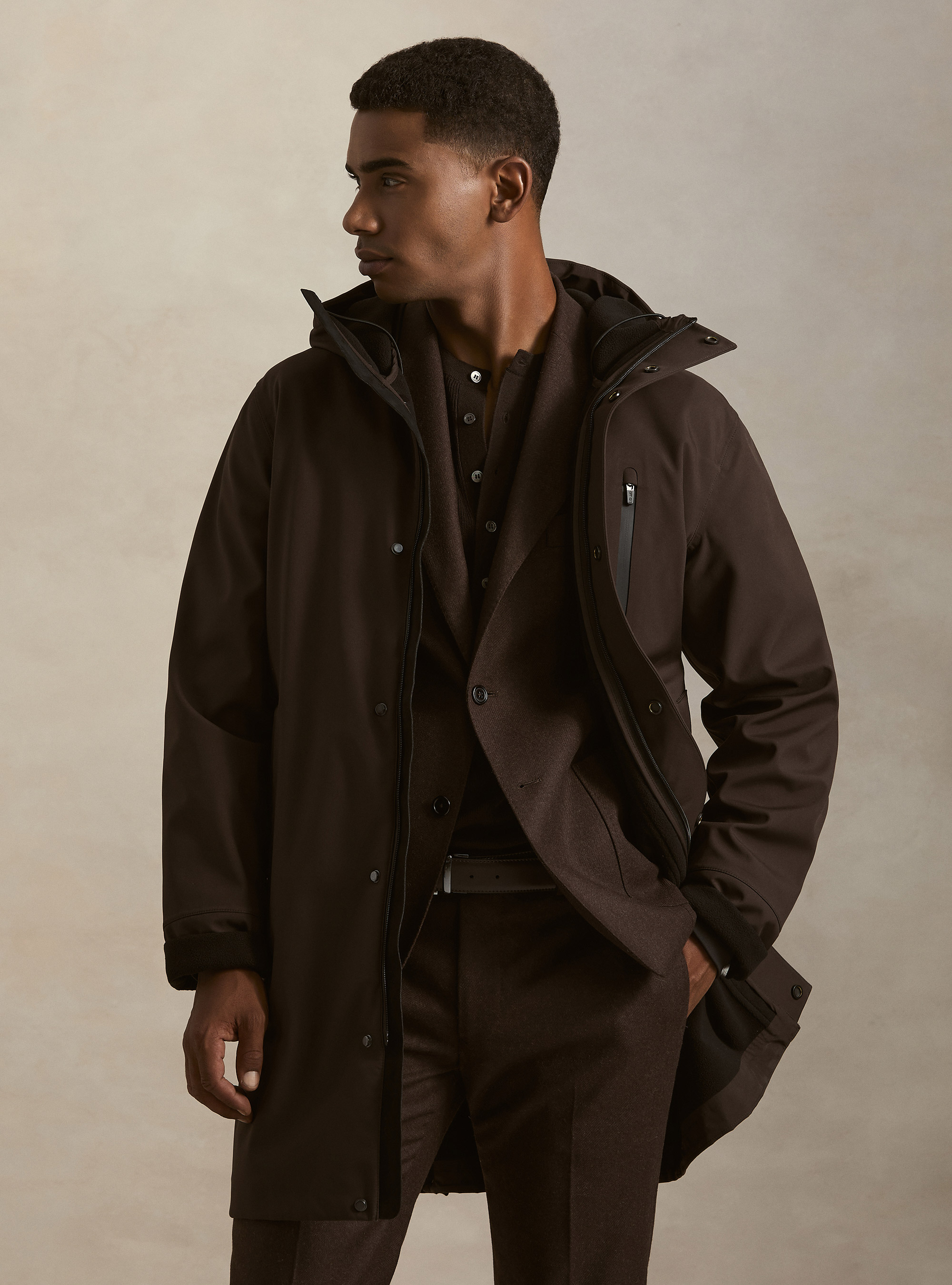 Long technical jacket with a hood, MARRONE 0508C