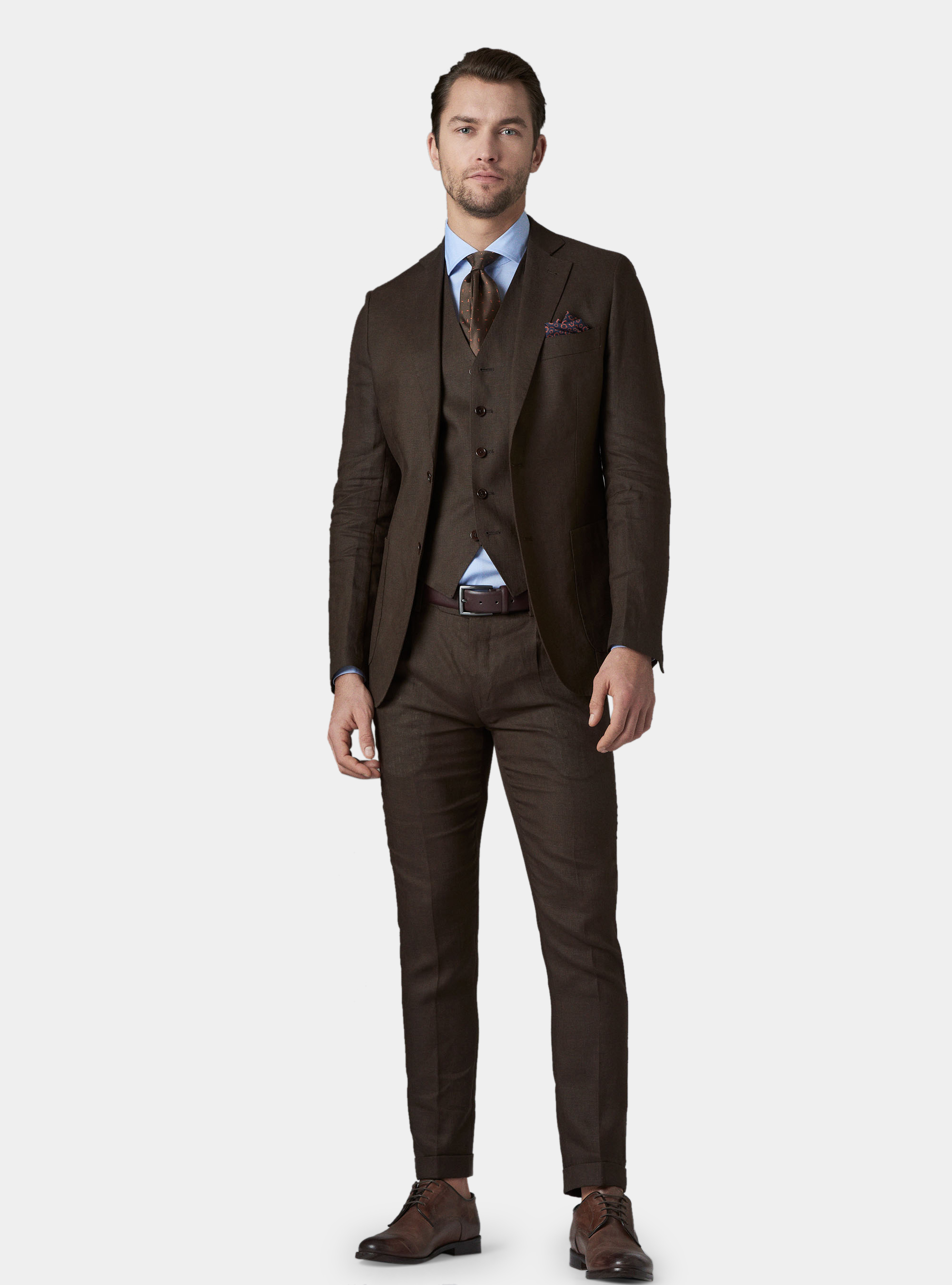 Fine twisted linen suit blazer with patch pockets, BROWN