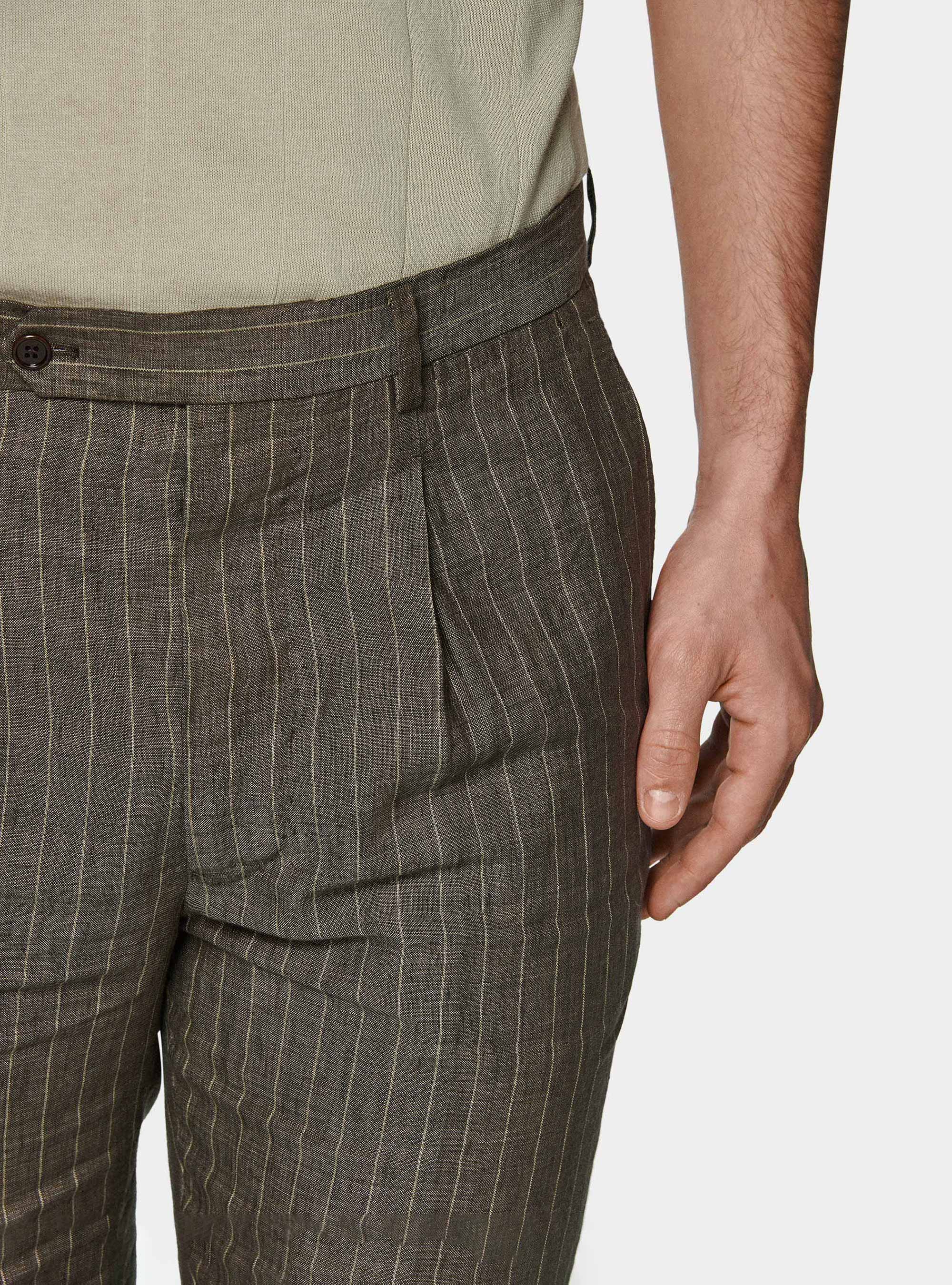 Pantal&oacute;n de traje a rayas con doble botonadura en lino delav&eacute;, MARRON