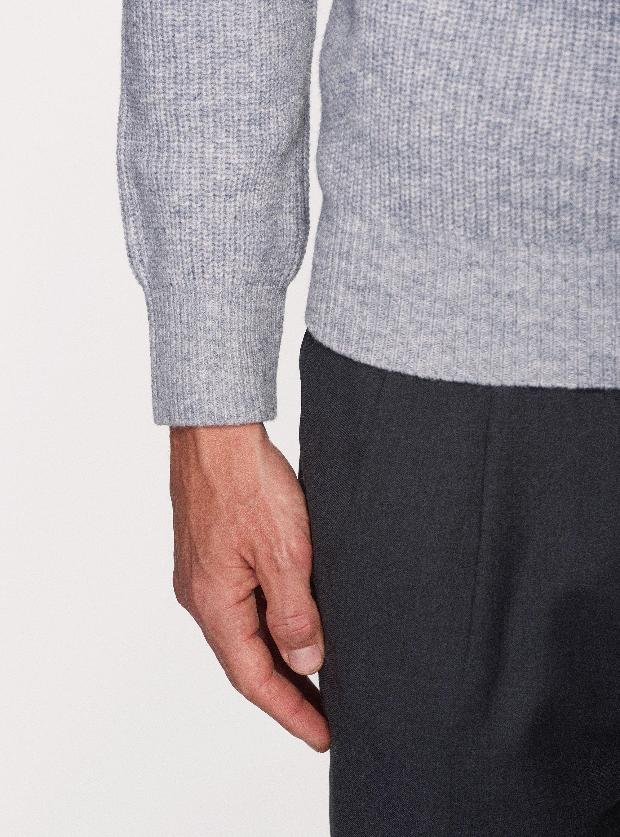 Maglia collo alto di lana lambswool in costa perlata, GRIGIO MELANGE 0151C