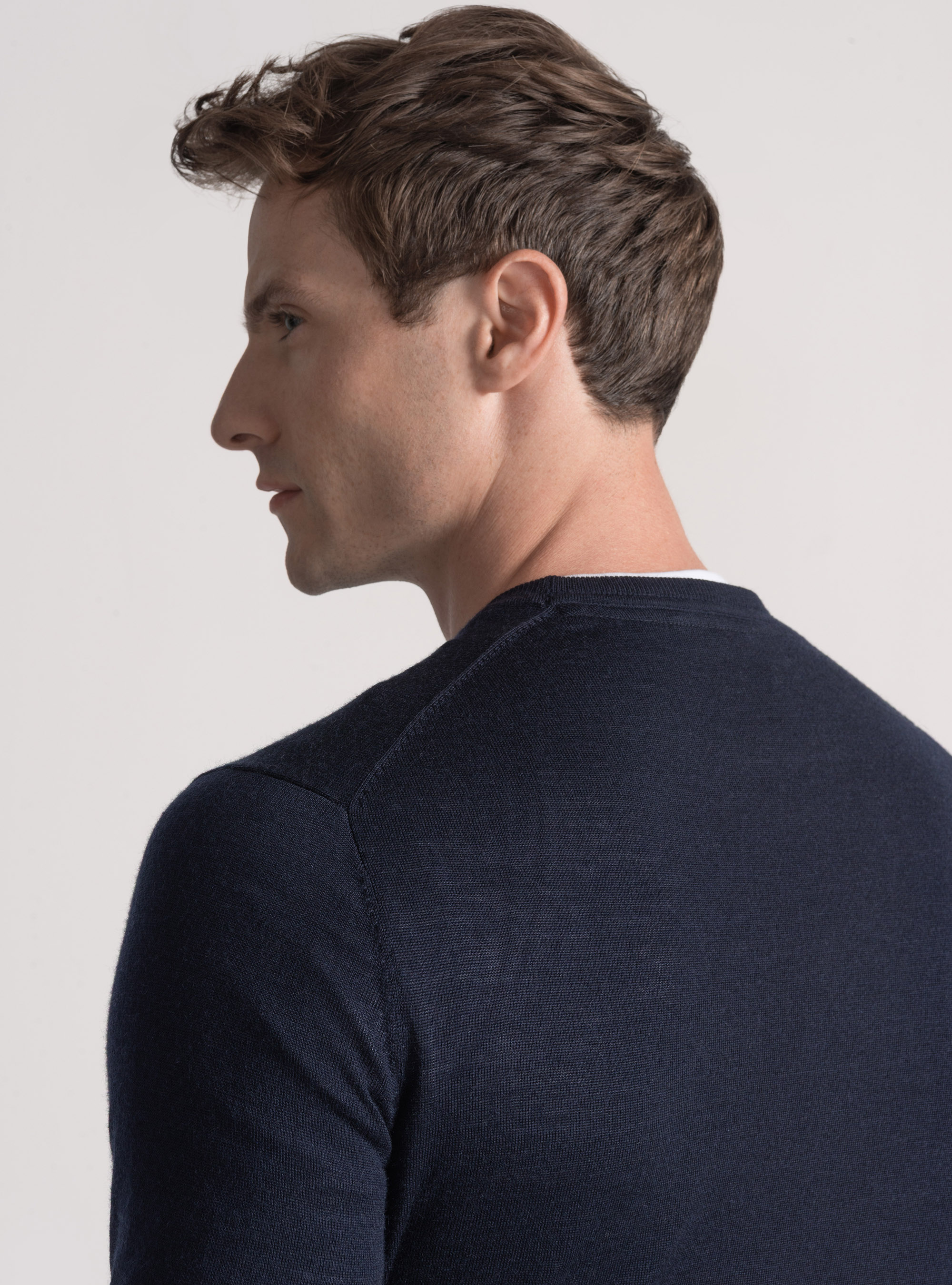 Punto de cuello redondo de pura lana merina extrafina, AZUL MARINO