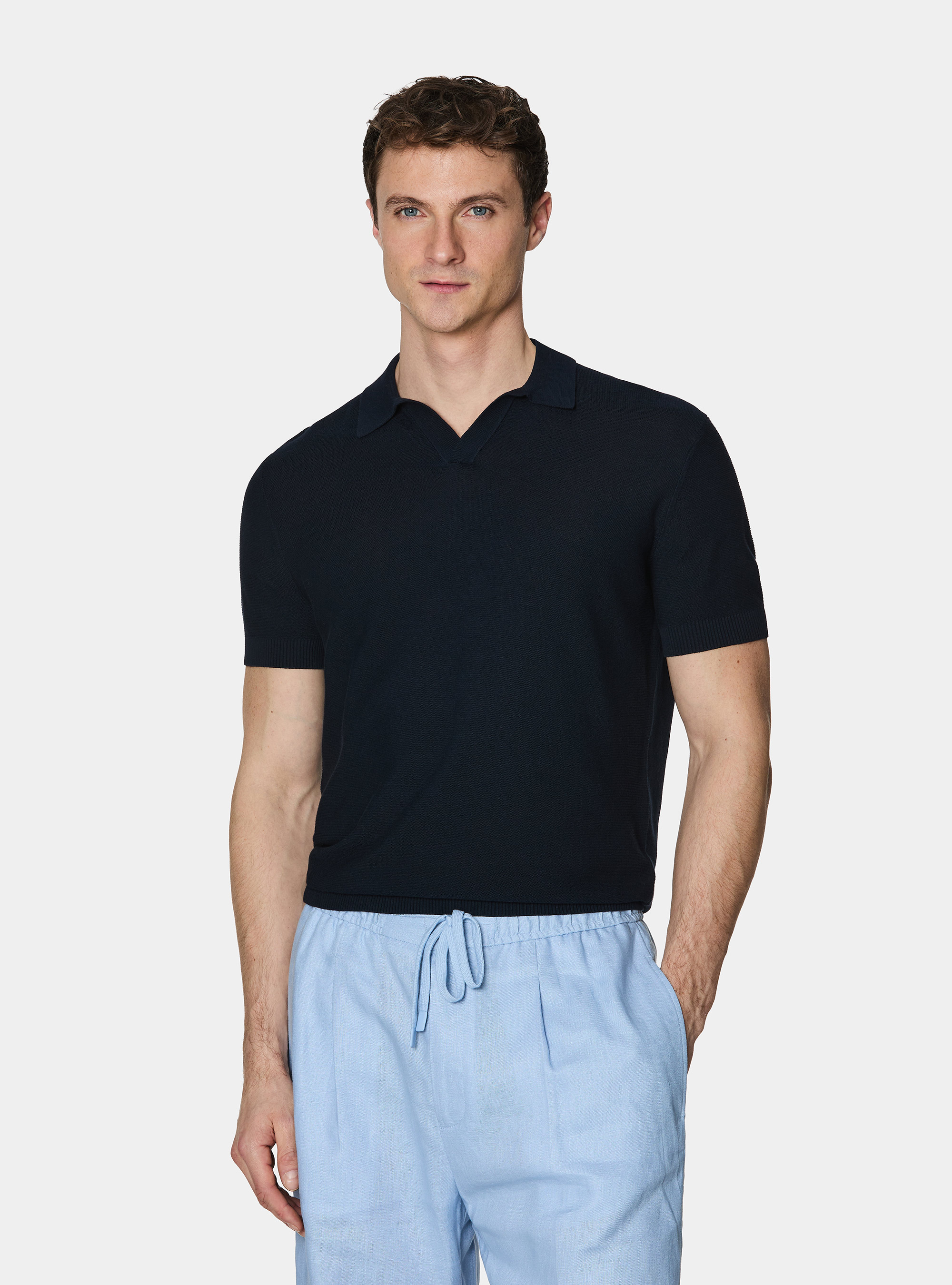 Polo &agrave; tricot&eacute;s en coton extra-fin, BLEU MARINE