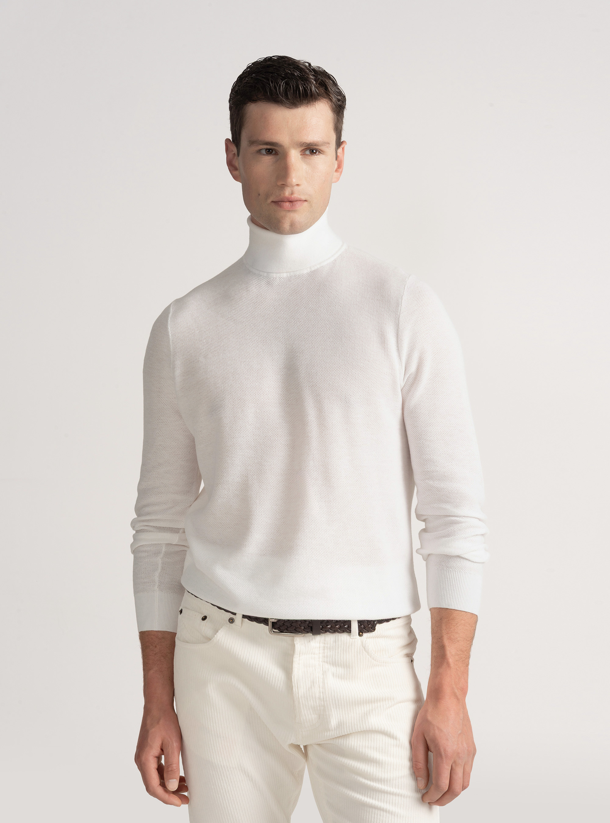 Cotton cashmere honeycomb turtleneck, WHITE