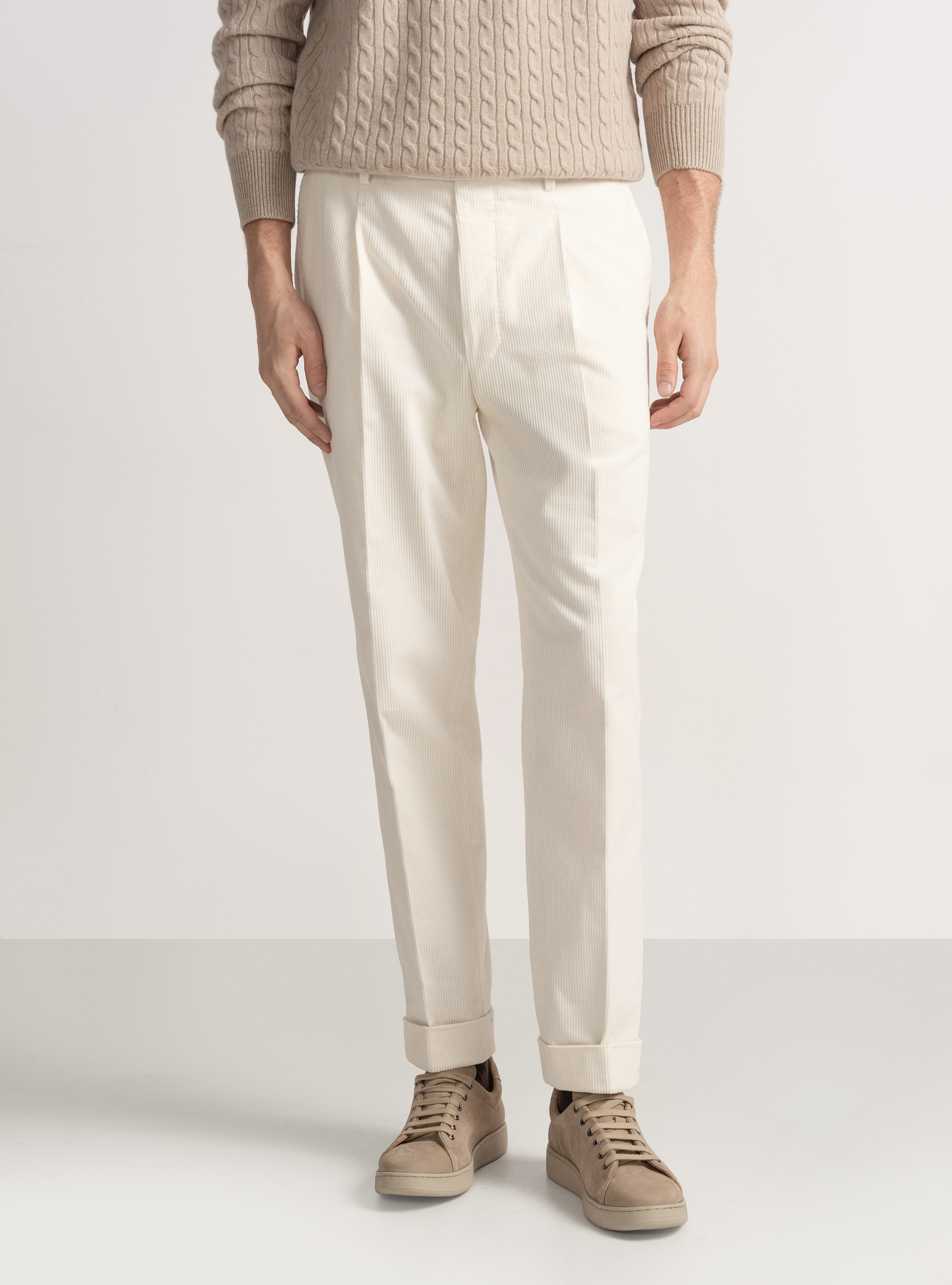Duca Visconti di Modrone stretch corduroy pleat trousers, WHITE