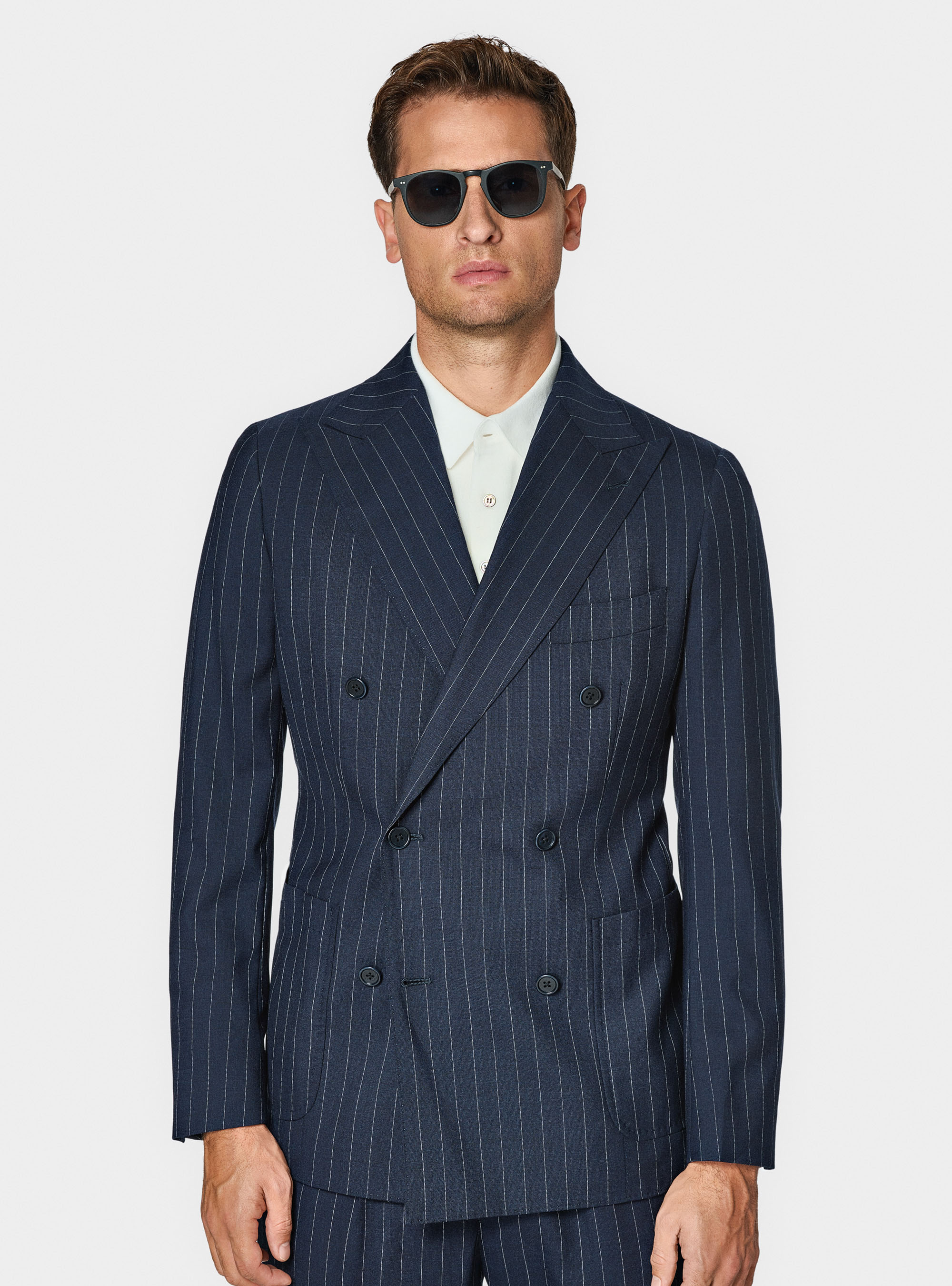 Giacca abito doppiopetto in pura lana gessata, BLU NAVY