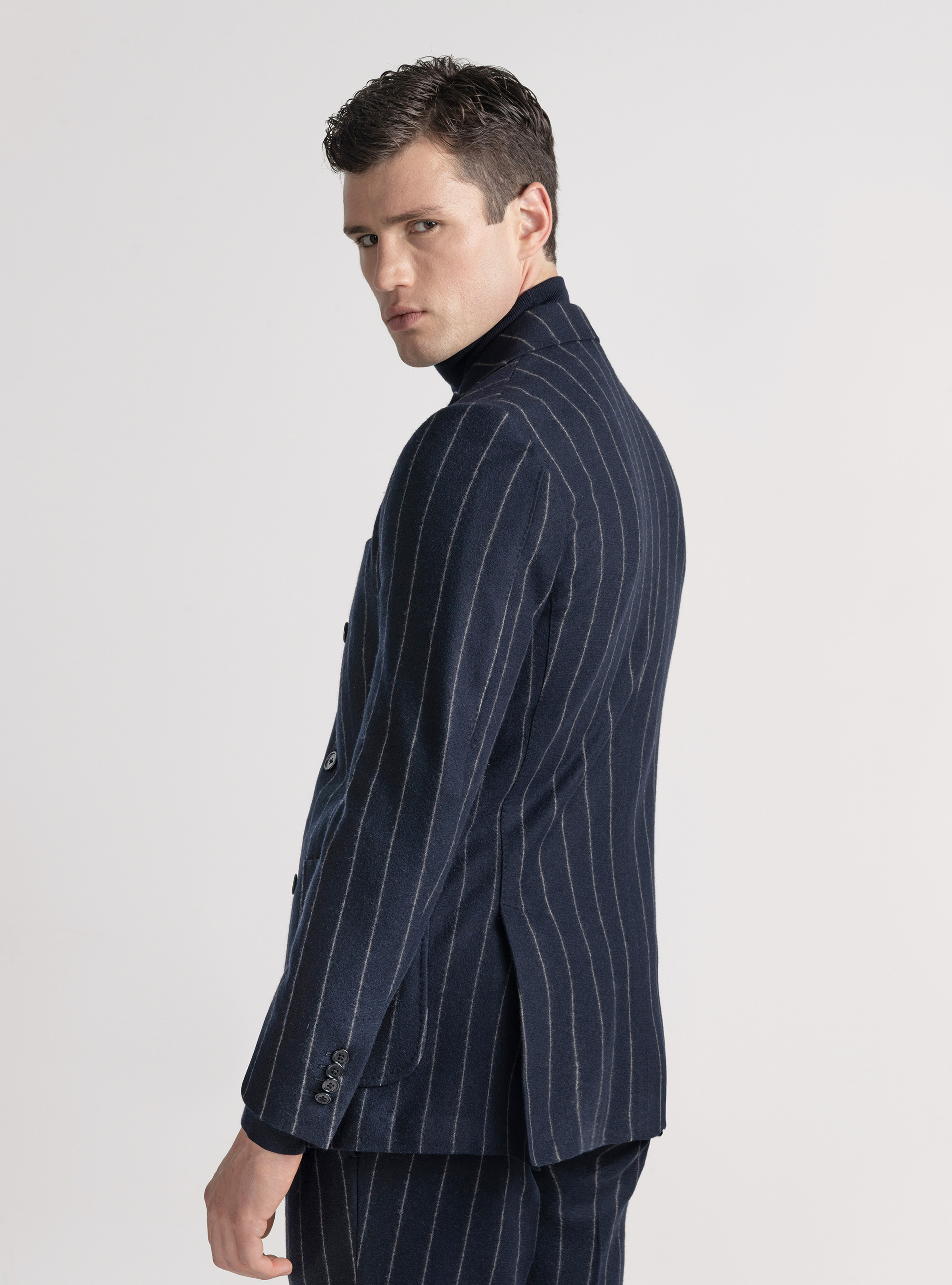 Veste de costume à double boutonnage en jersey à rayures, BLEU MARINE