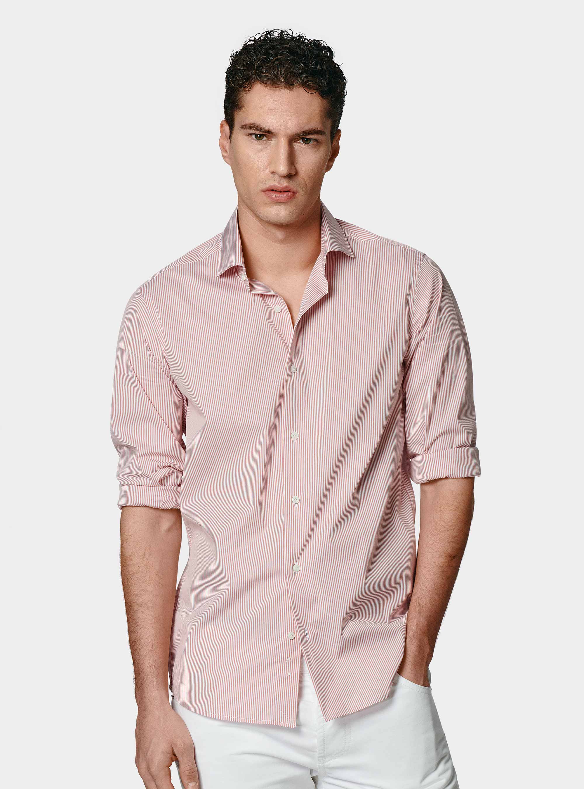 Chemise à rayures en popeline stretch, ROSA SALMONE 0468C