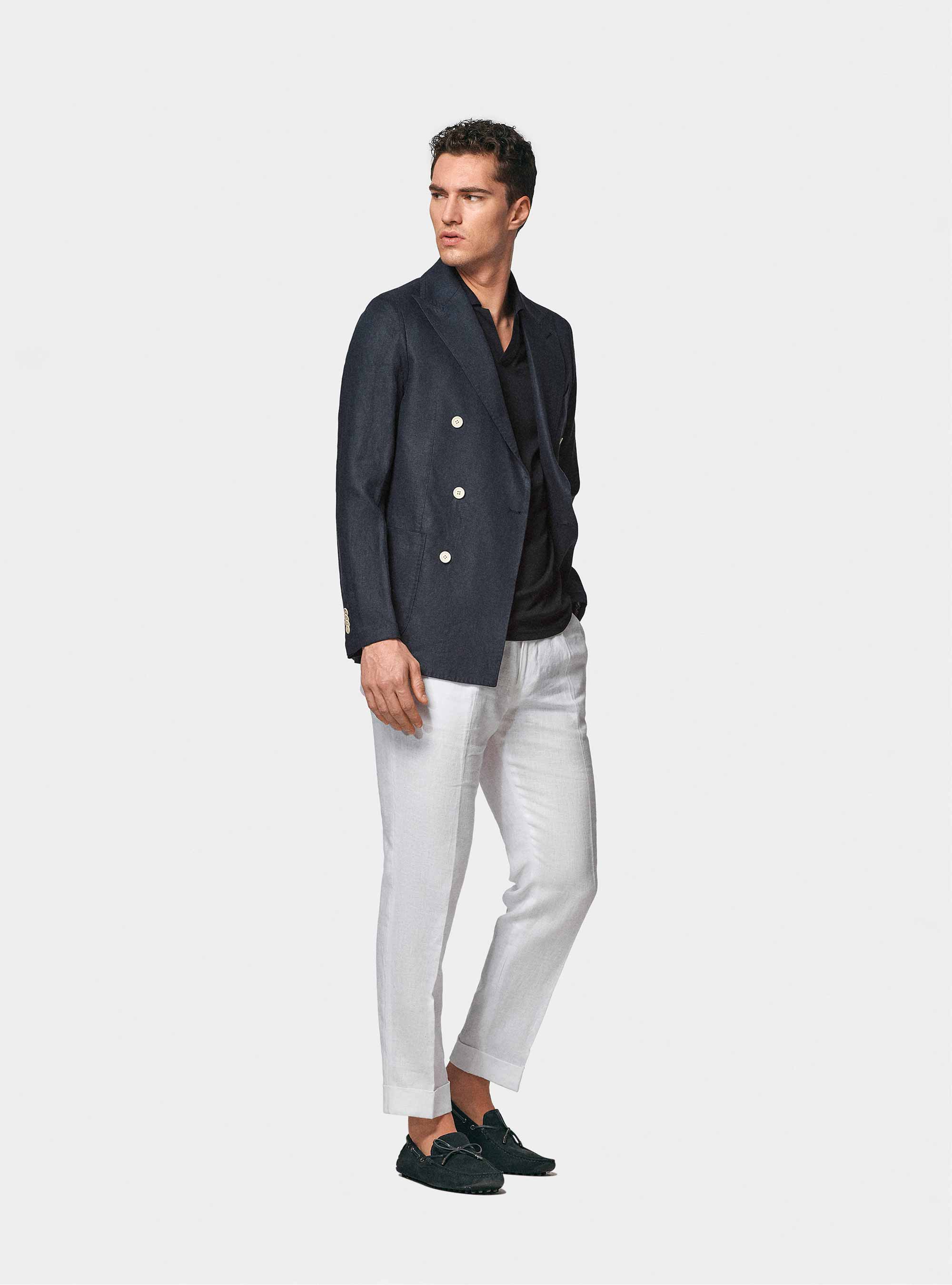 Giacca doppiopetto blue navy in puro lino, BLU NAVY