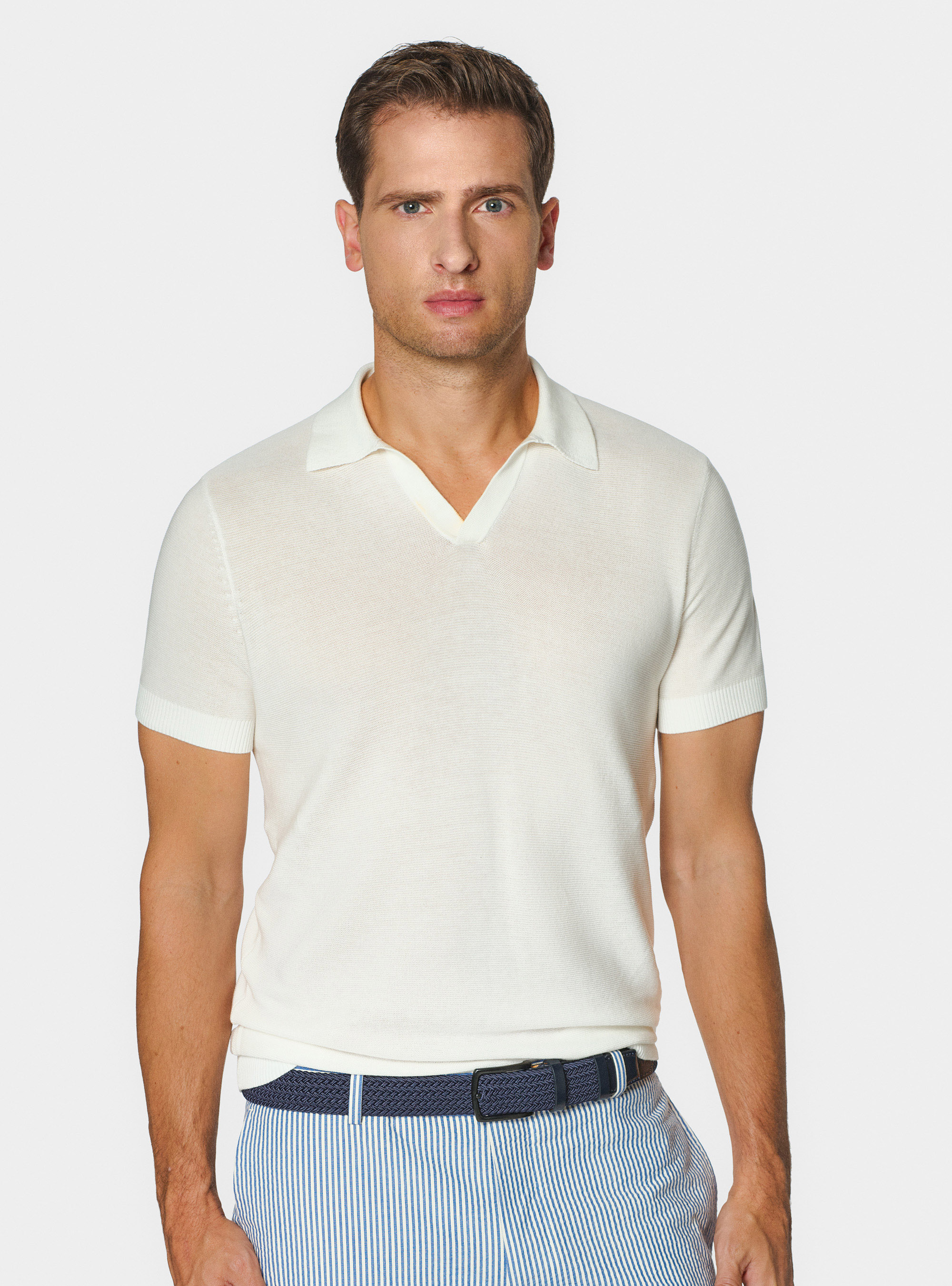 Polo in maglia links in cotone extrafine, BIANCO