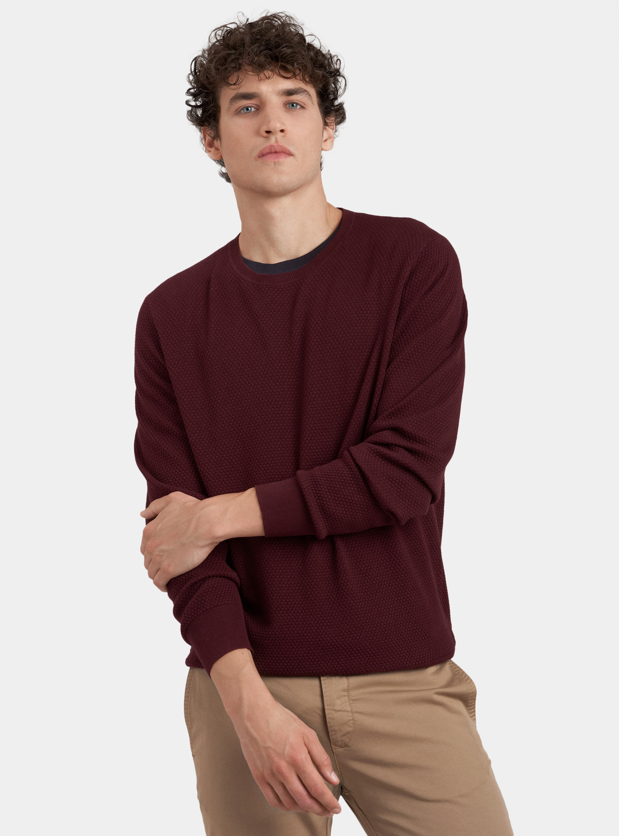 Jersey de cuello redondo de algodón y cachemira, BURDEOS