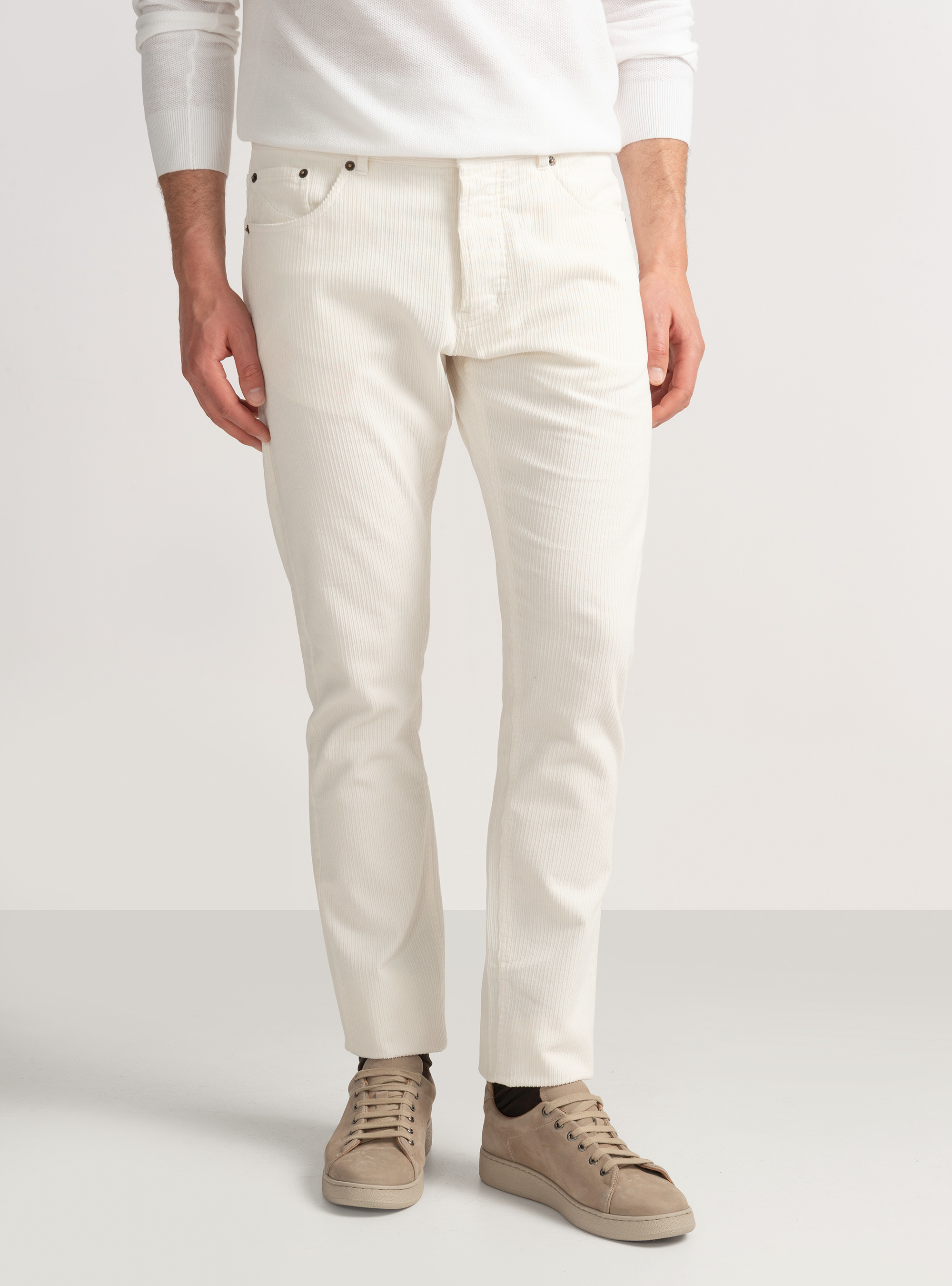 Pantaloni cinque tasche in velluto, BIANCO