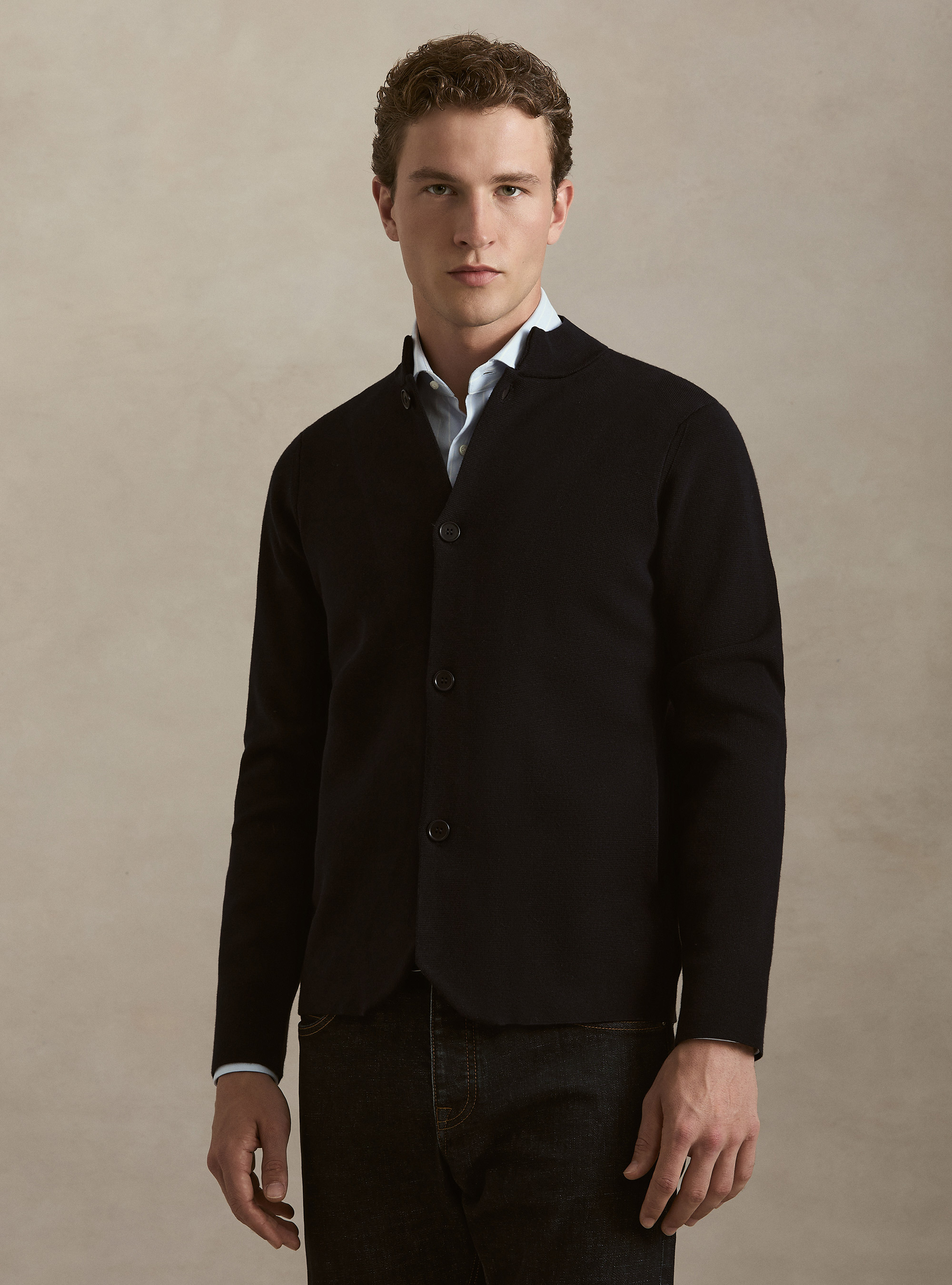 Cardigan coreano in maglia misto cotone, BLU NAVY