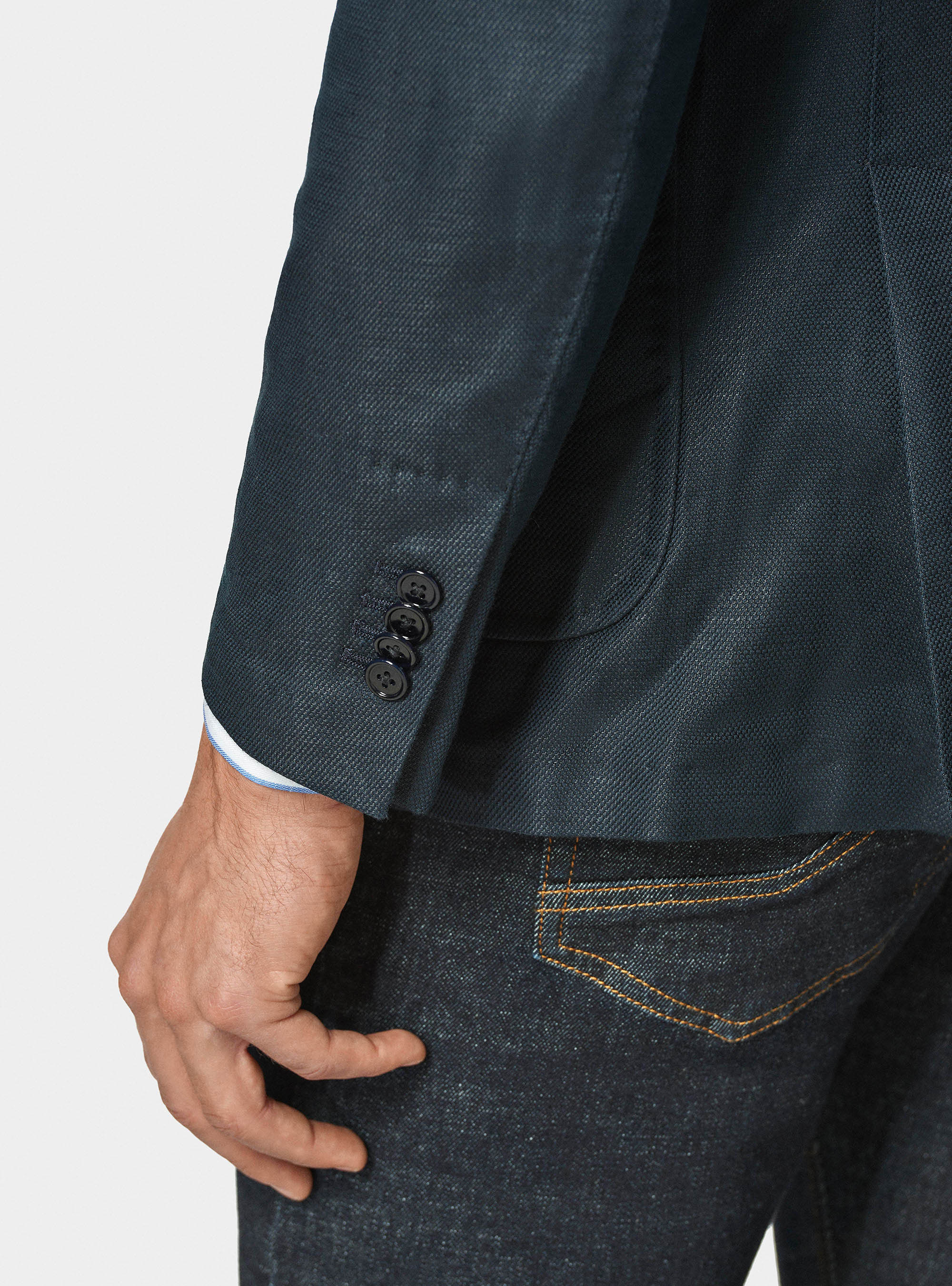 Giacca hopsack in cotone e lino, BLU NAVY