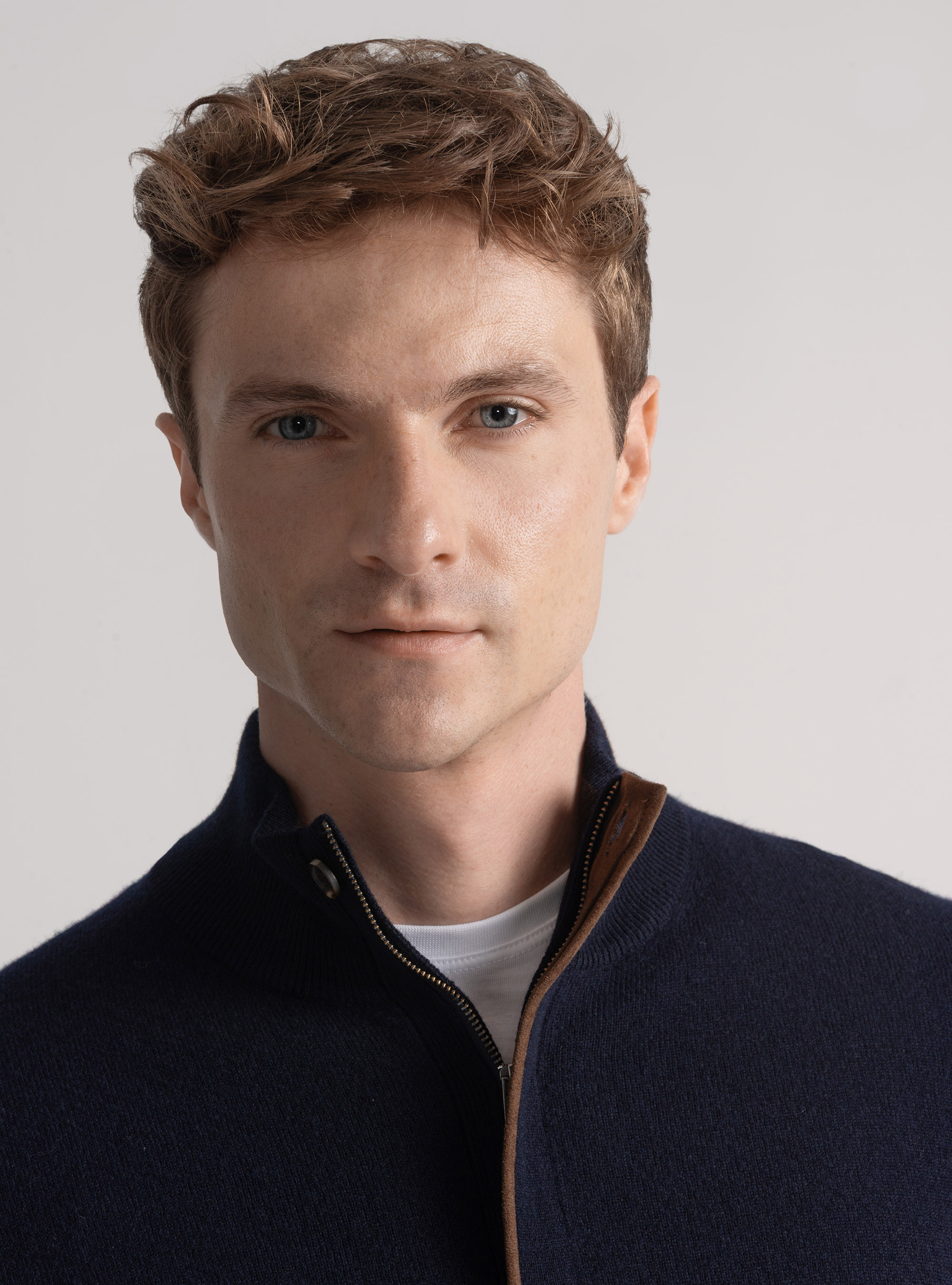 Maglia mezza zip in lana lambswool e cashmere, BLU NAVY