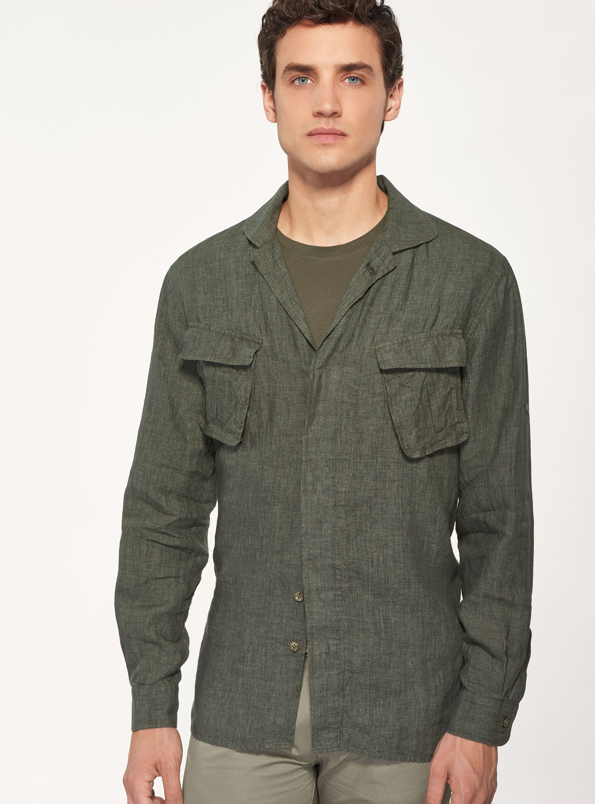 Gutteridge - Giacca camicia in 100% lino, Unisex, Verde, Taglia: XXL