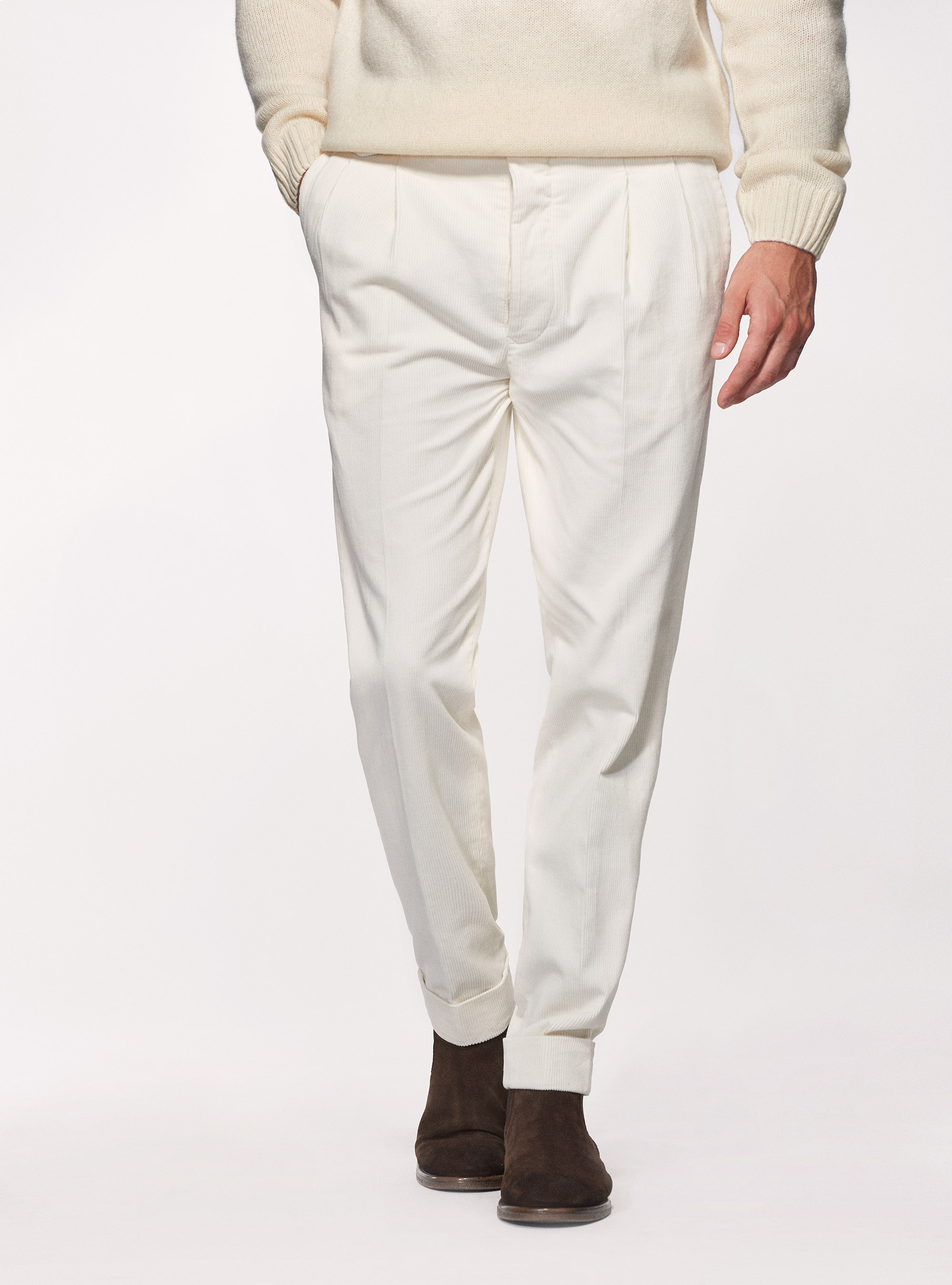 Pantaloni in velluto di cotone con cinturino laterale, PANNA