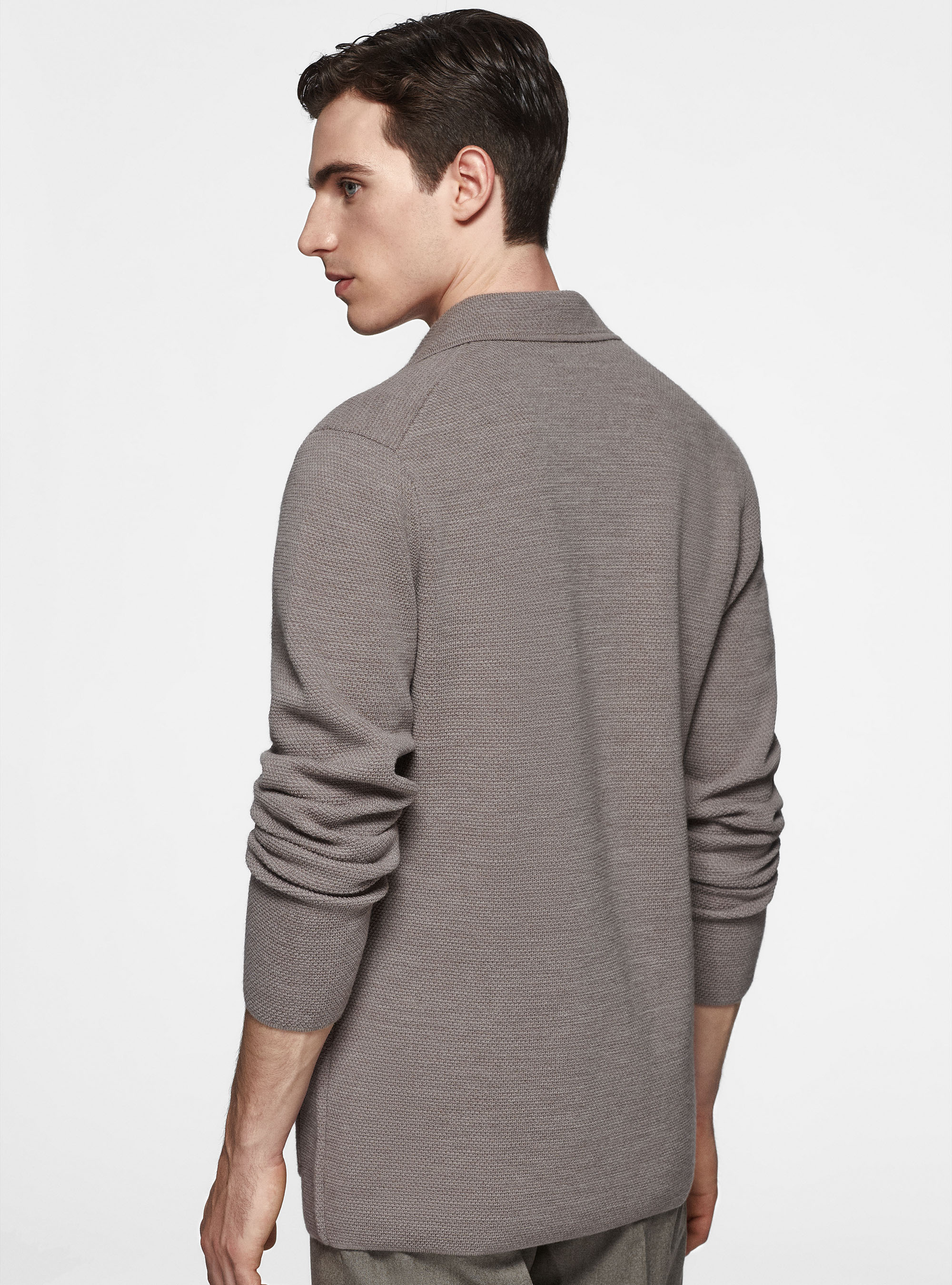 Giacca in maglia doppiopetto in pura lana merino, FANGO