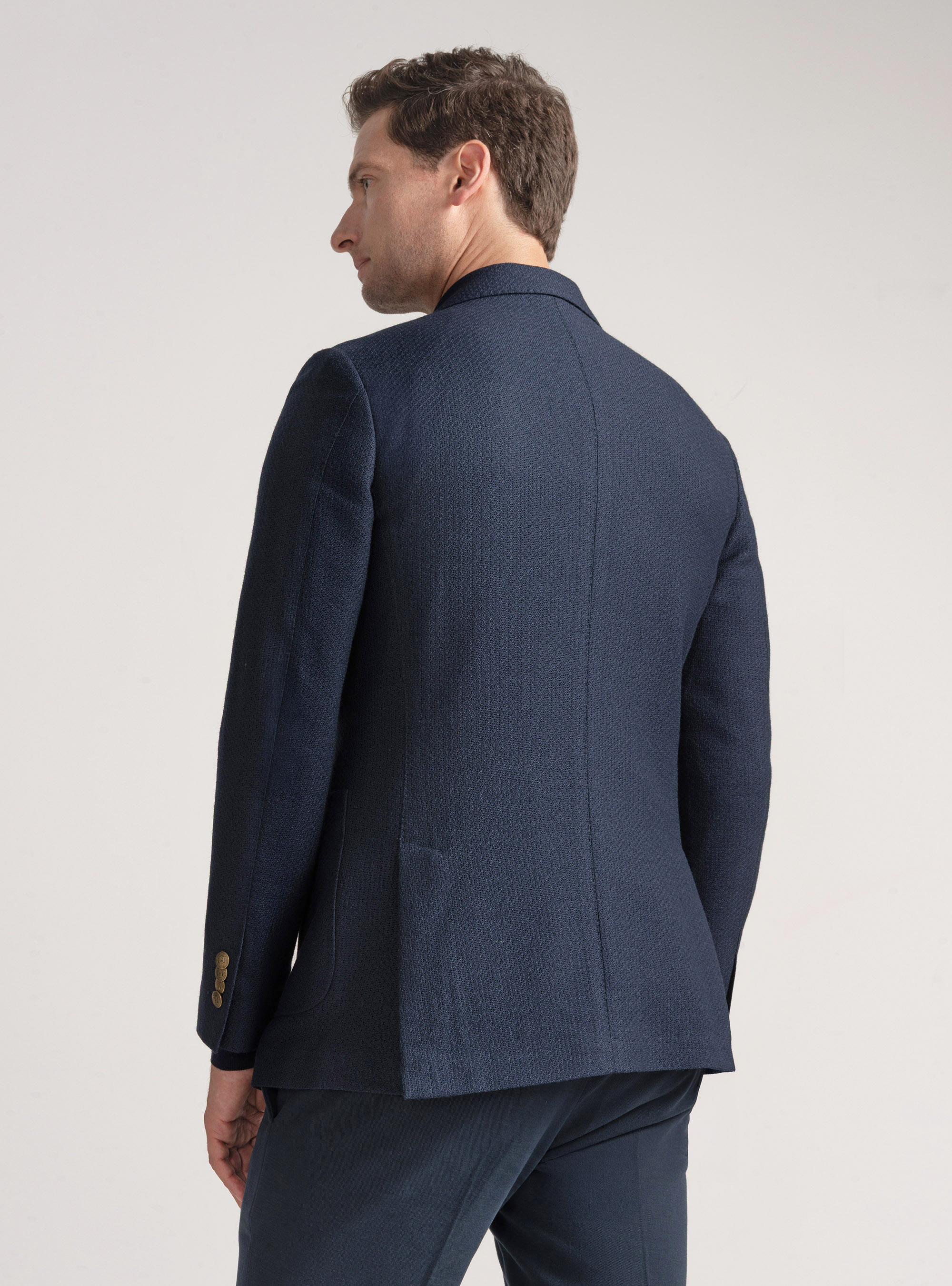 Giacca doppiopetto  giro inglese in lana e cotone, BLU NAVY