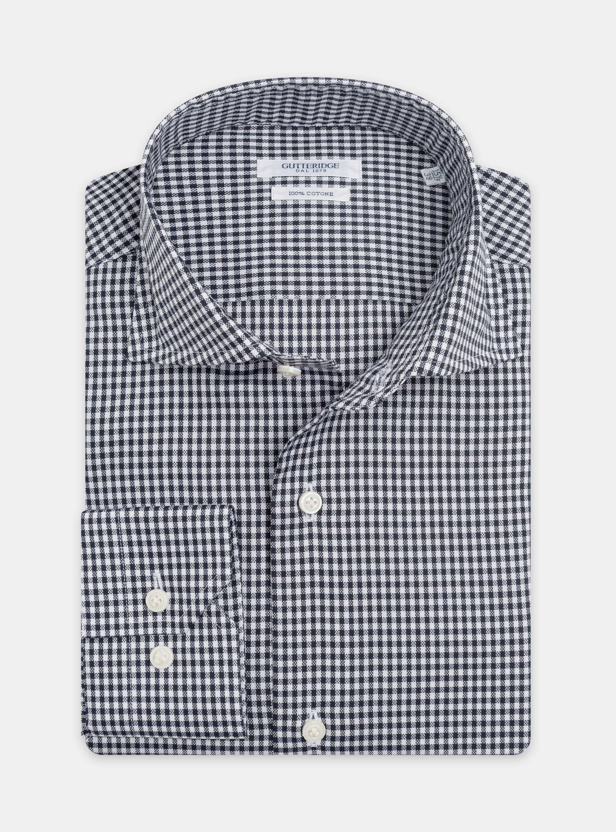 Camicia collo semi francese in cotone a quadri, BLU NAVY