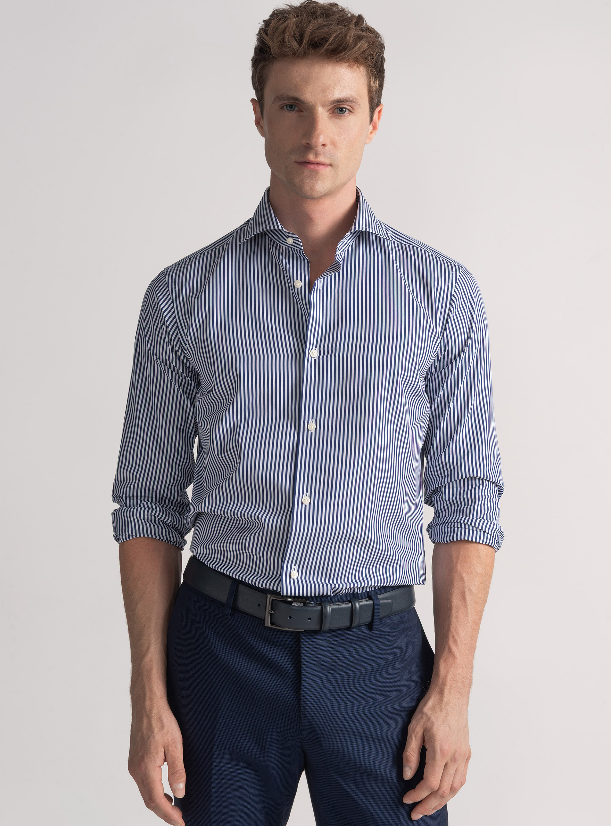 Camisa de popelina de algodón a rayas, AZUL MARINO