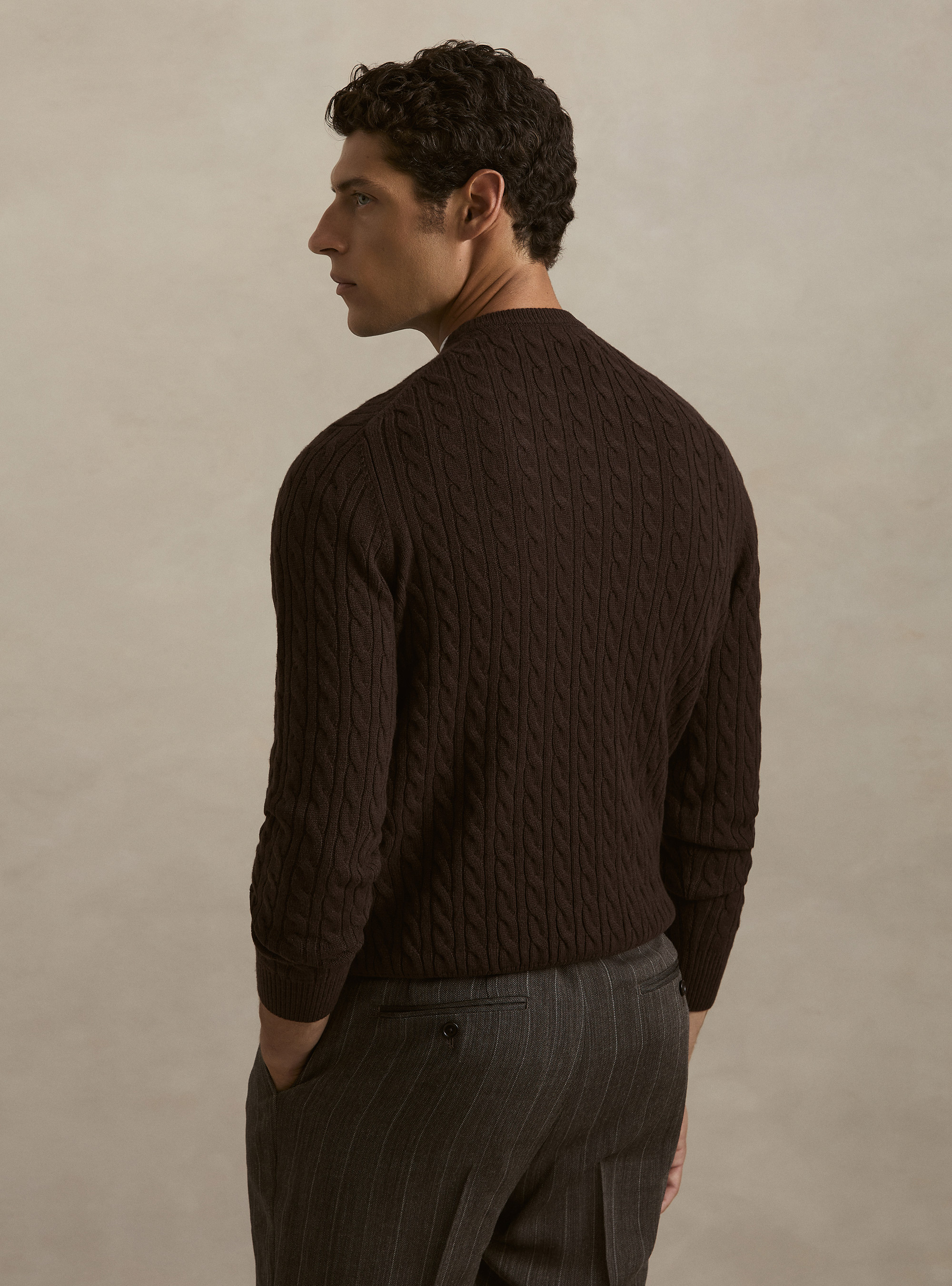 Girocollo in maglia con treccia in lana cashmere, MARRONE