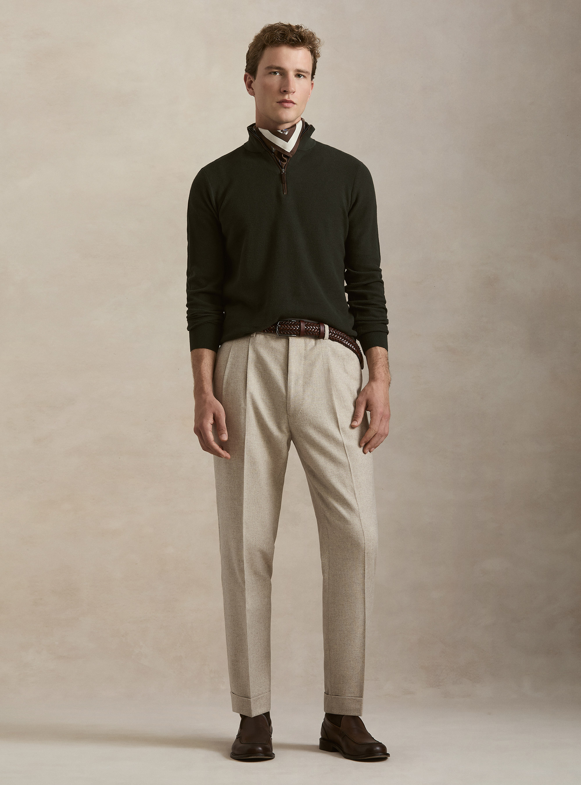 Maglia con mezza zip nido d'ape in cotone cashmere, MILITARE 0609C