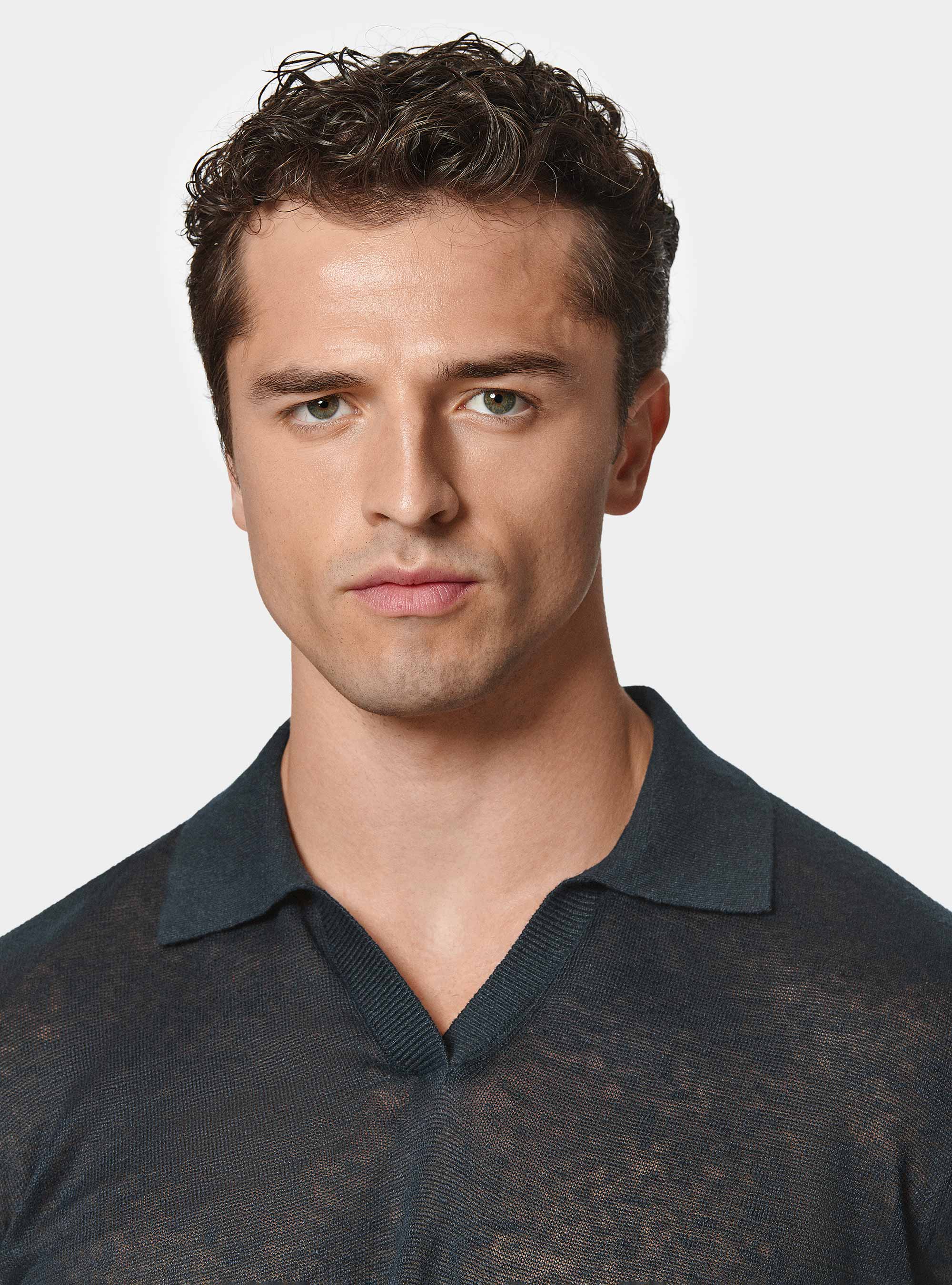 Polo in maglia senza bottoni in puro lino, BLU NAVY