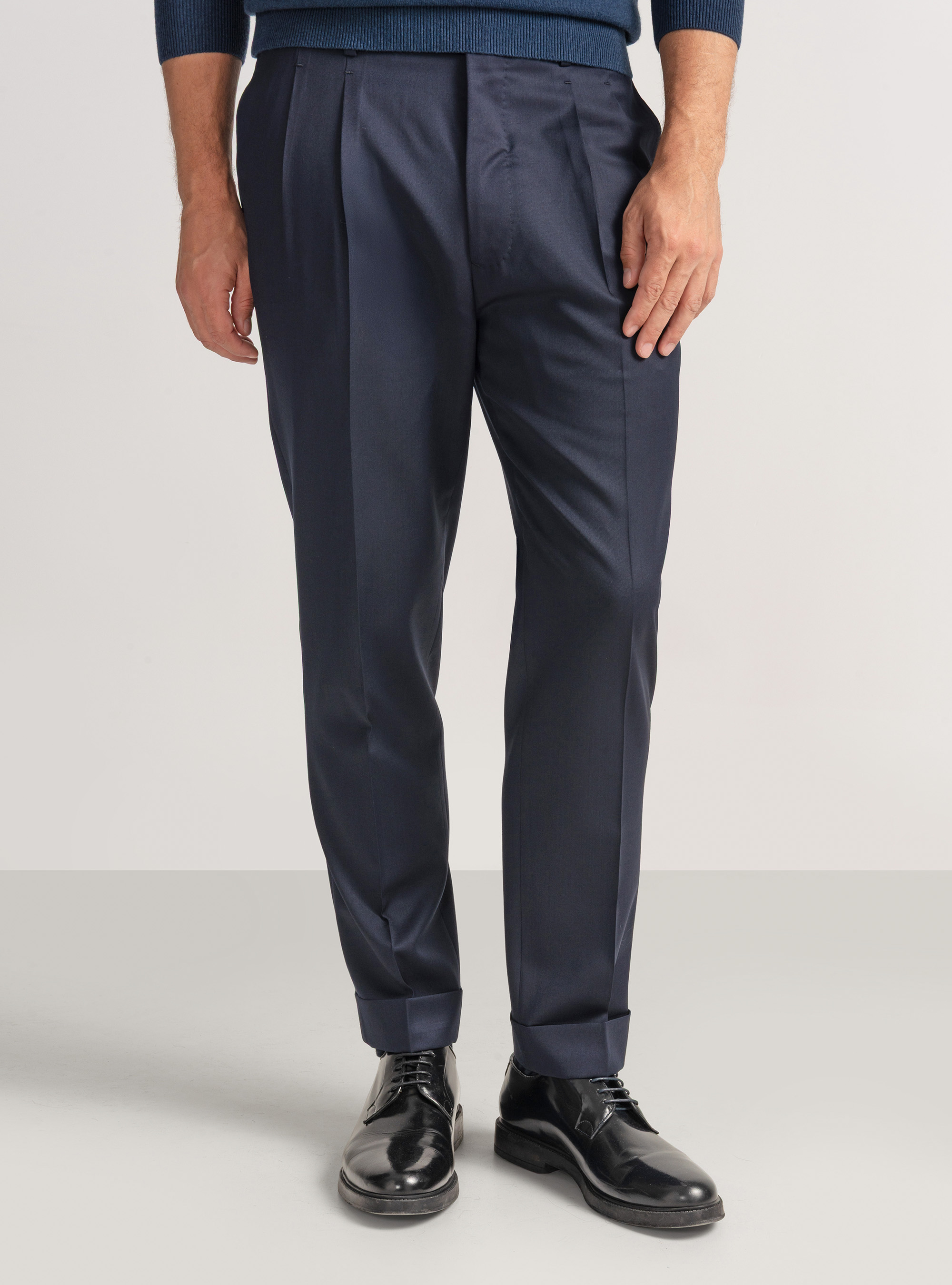 Pantalones con pinzas para traje cruzado en lana Reda superfina 110's, AZUL MARINO