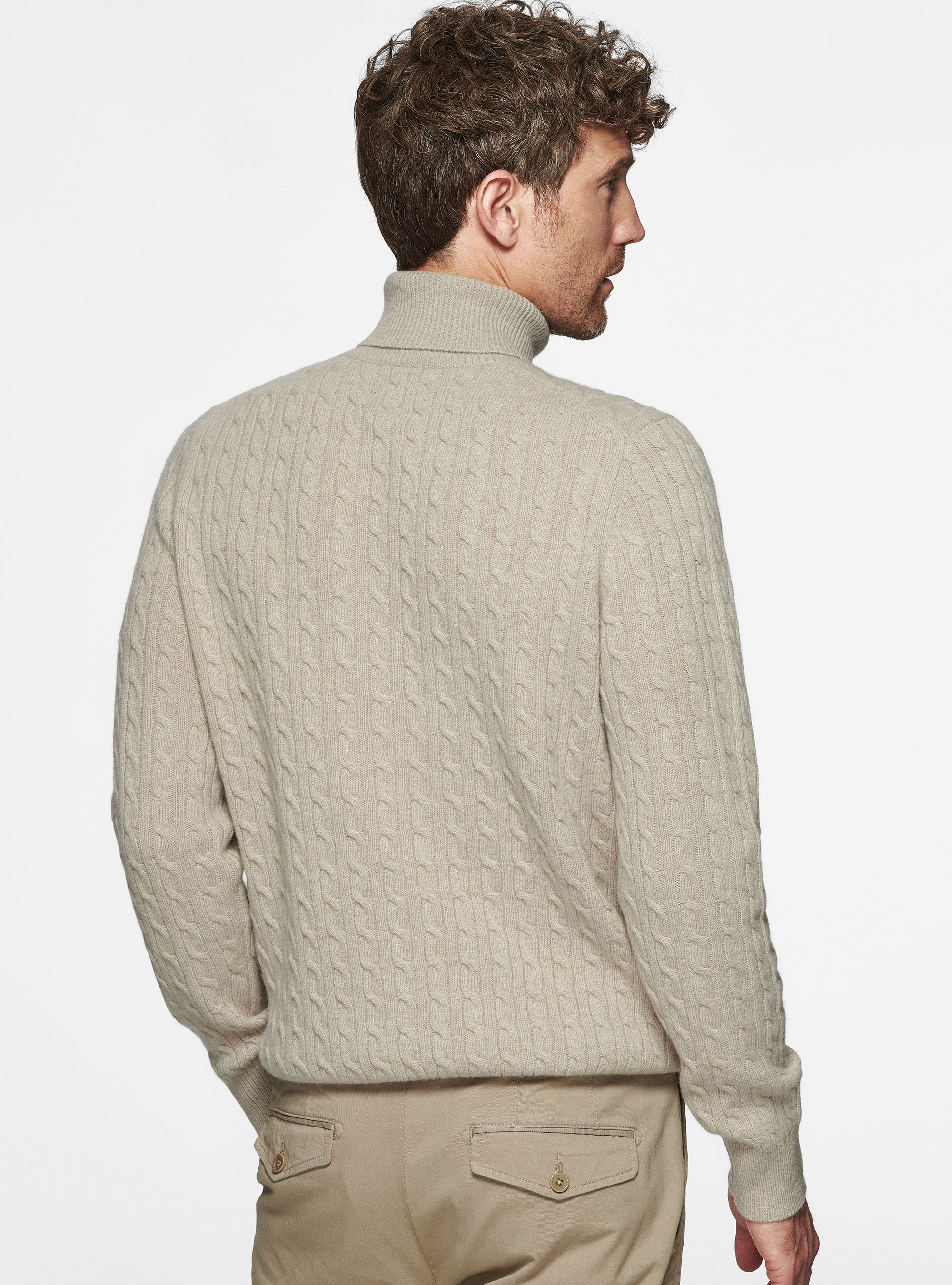 Maglia collo alto in lana cashmere con treccia, ECRU