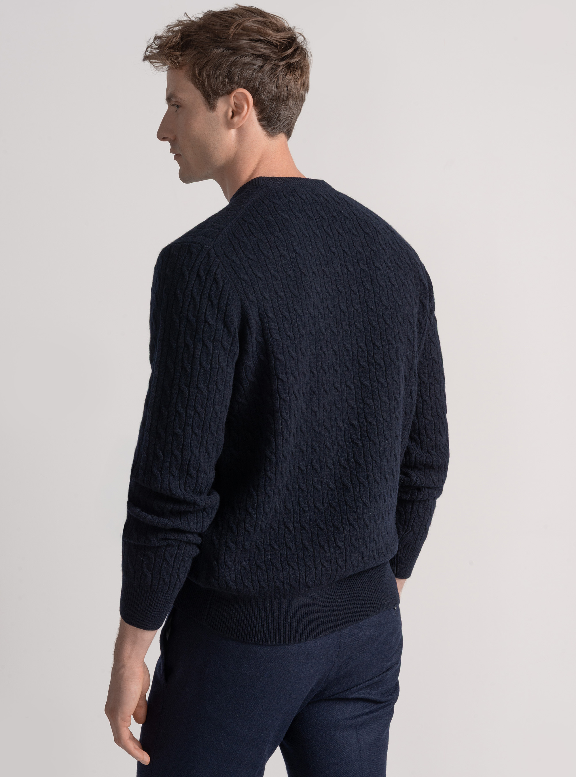 Cashmere wool crew-neck sweater with braid, NAVY BLUE