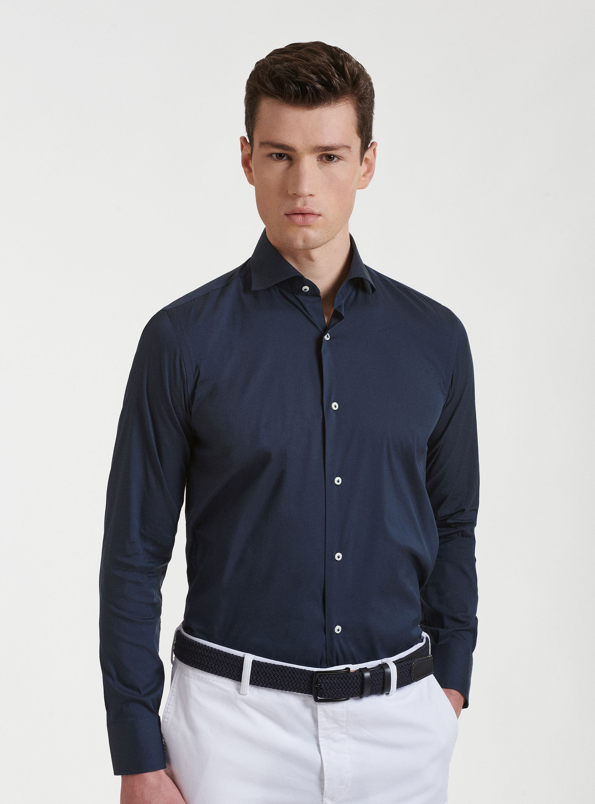 Camicia collo semi francese in popeline stretch, BLU NAVY