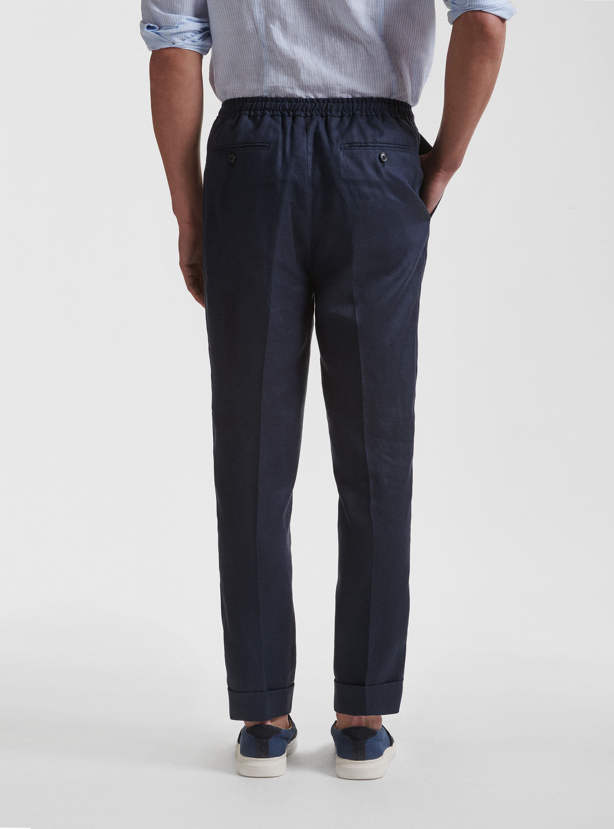 Linen pleated and drawstring trousers, NAVY BLUE