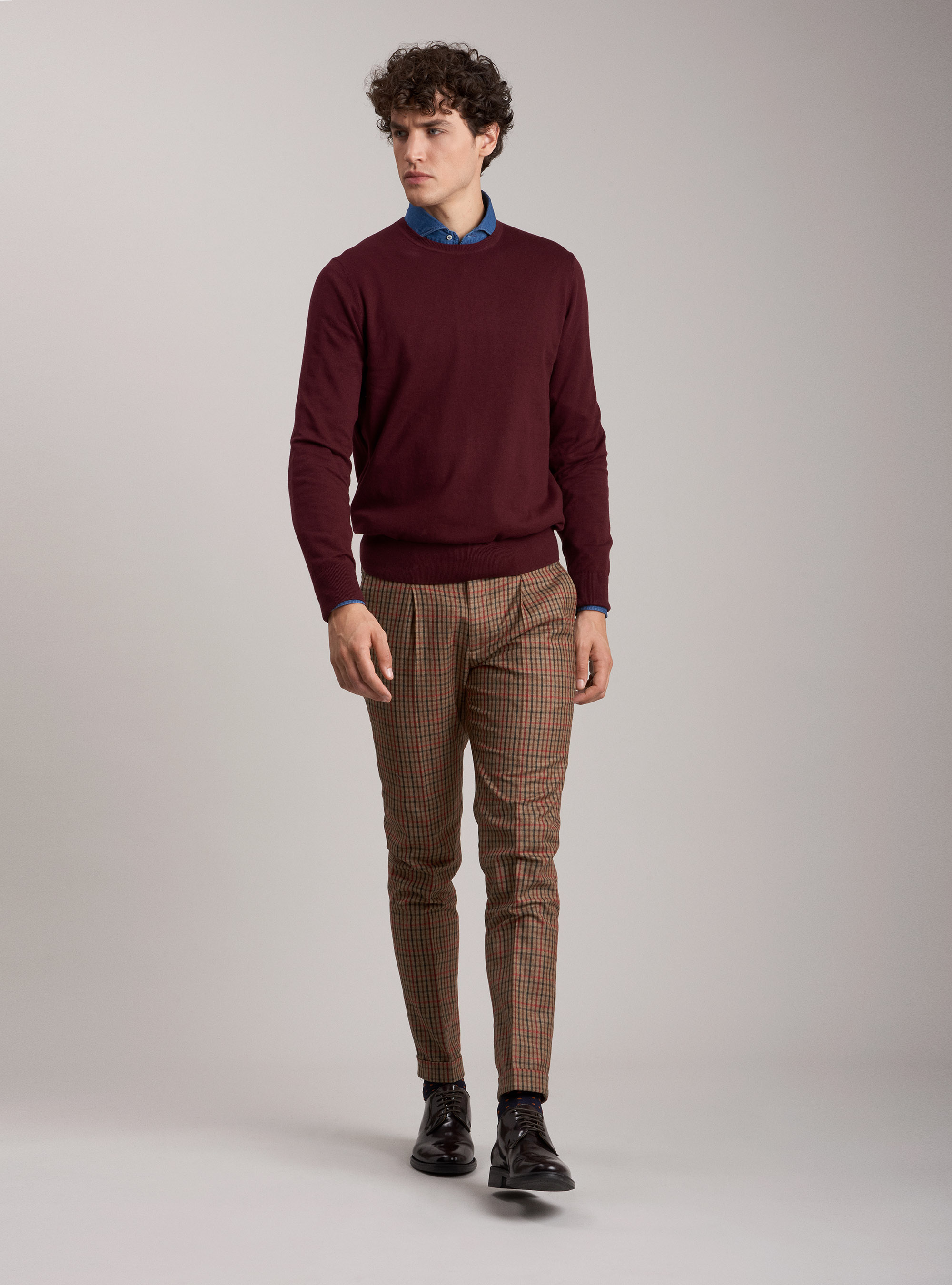 Maglia girocollo in cotone seta e cashmere, BORDEAUX