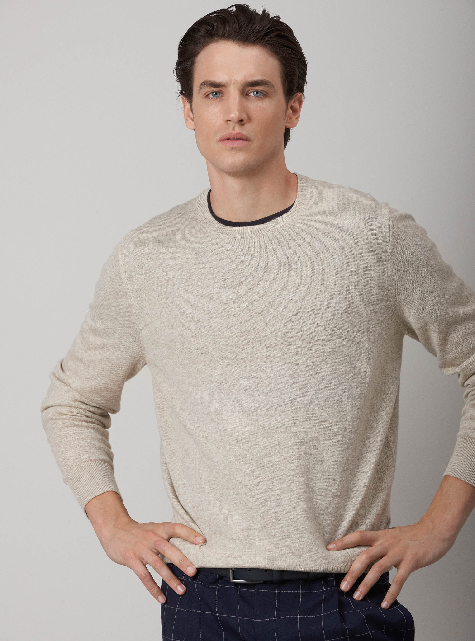 Maglia girocollo in lana lambswool e cashmere, PANNA