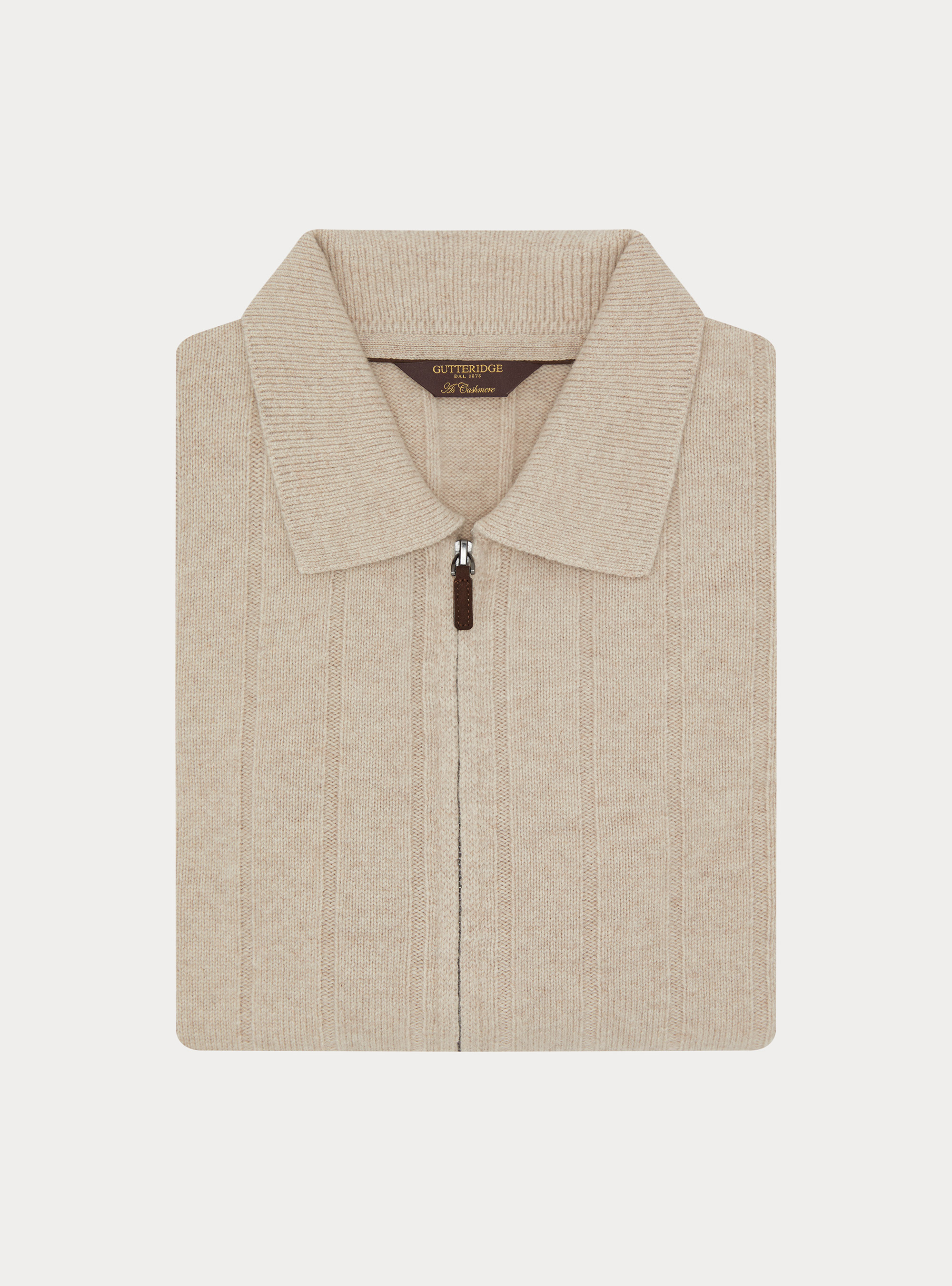 Full-zip wool-cashmere flat-ribbed sweater, ECRU