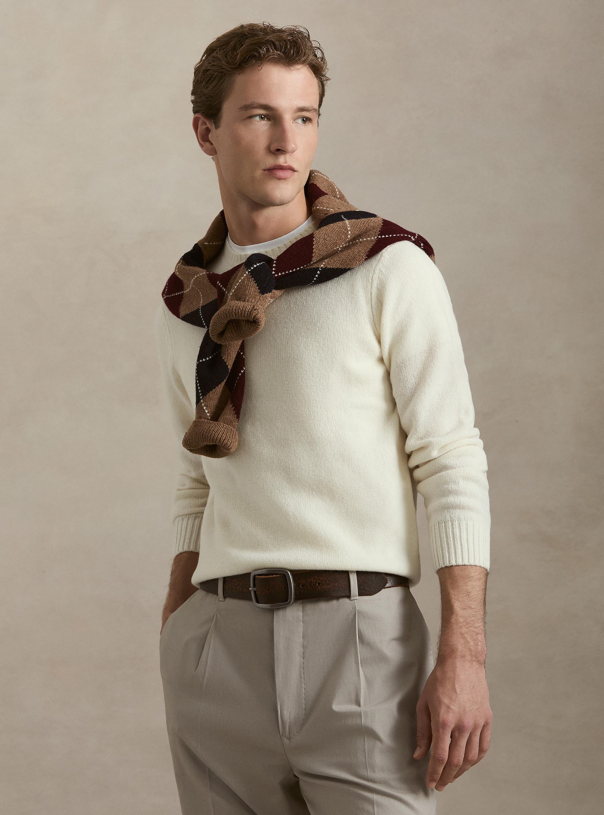 Pure Shetland wool crewneck sweater, WHITE
