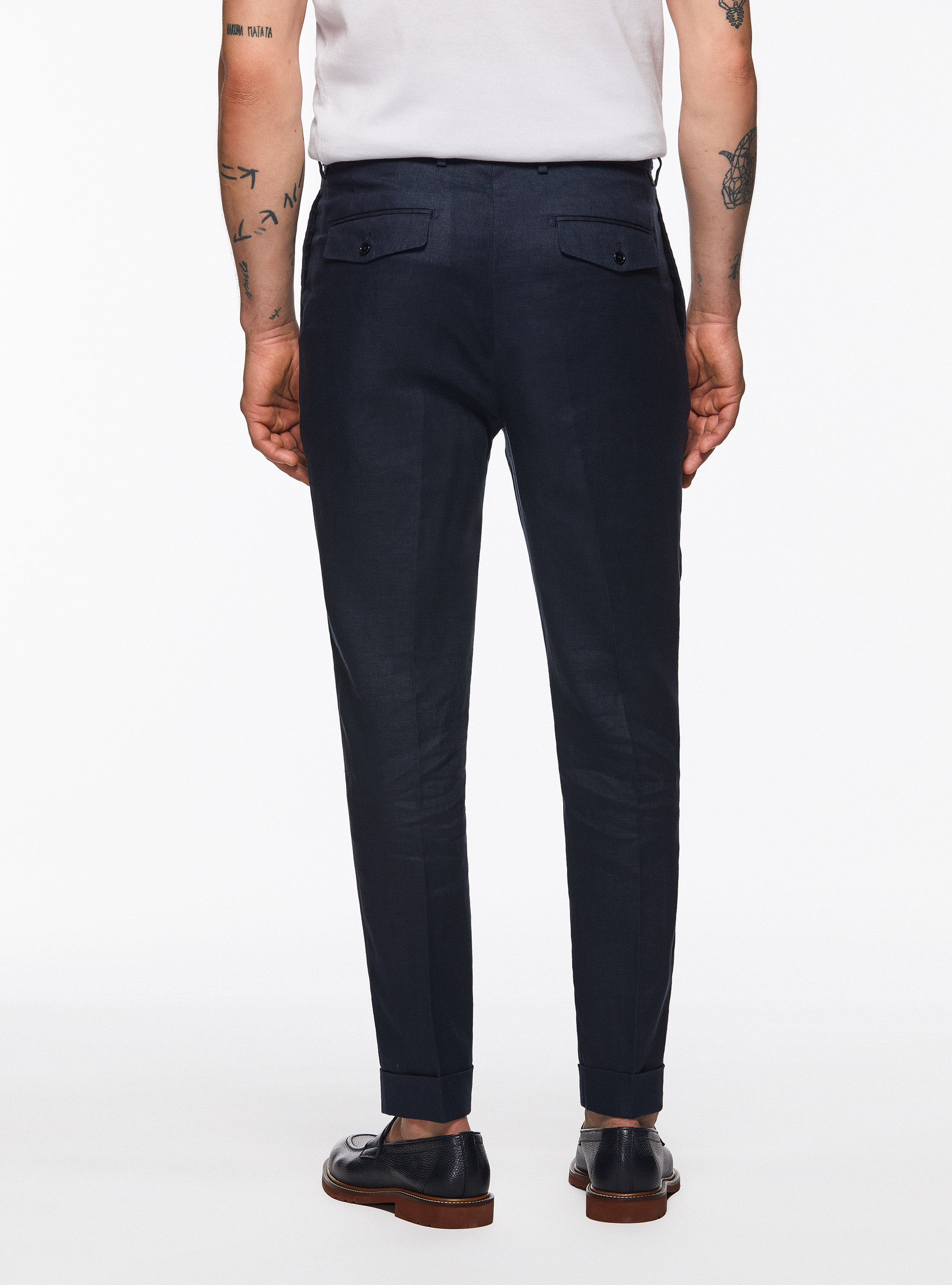 Pantaloni doppia pince in puro lino, BLU NAVY