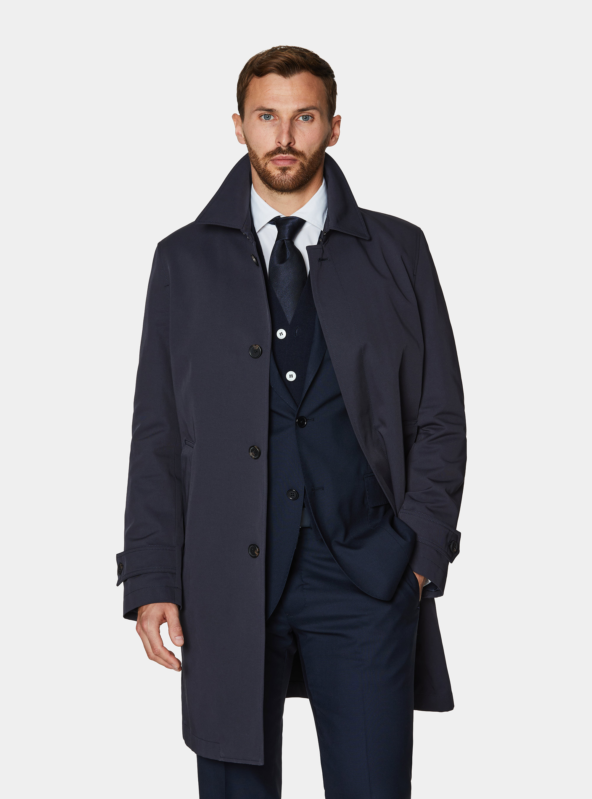 Impermeable de botonadura sencilla en mezcla de algod&oacute;n, AZUL MARINO