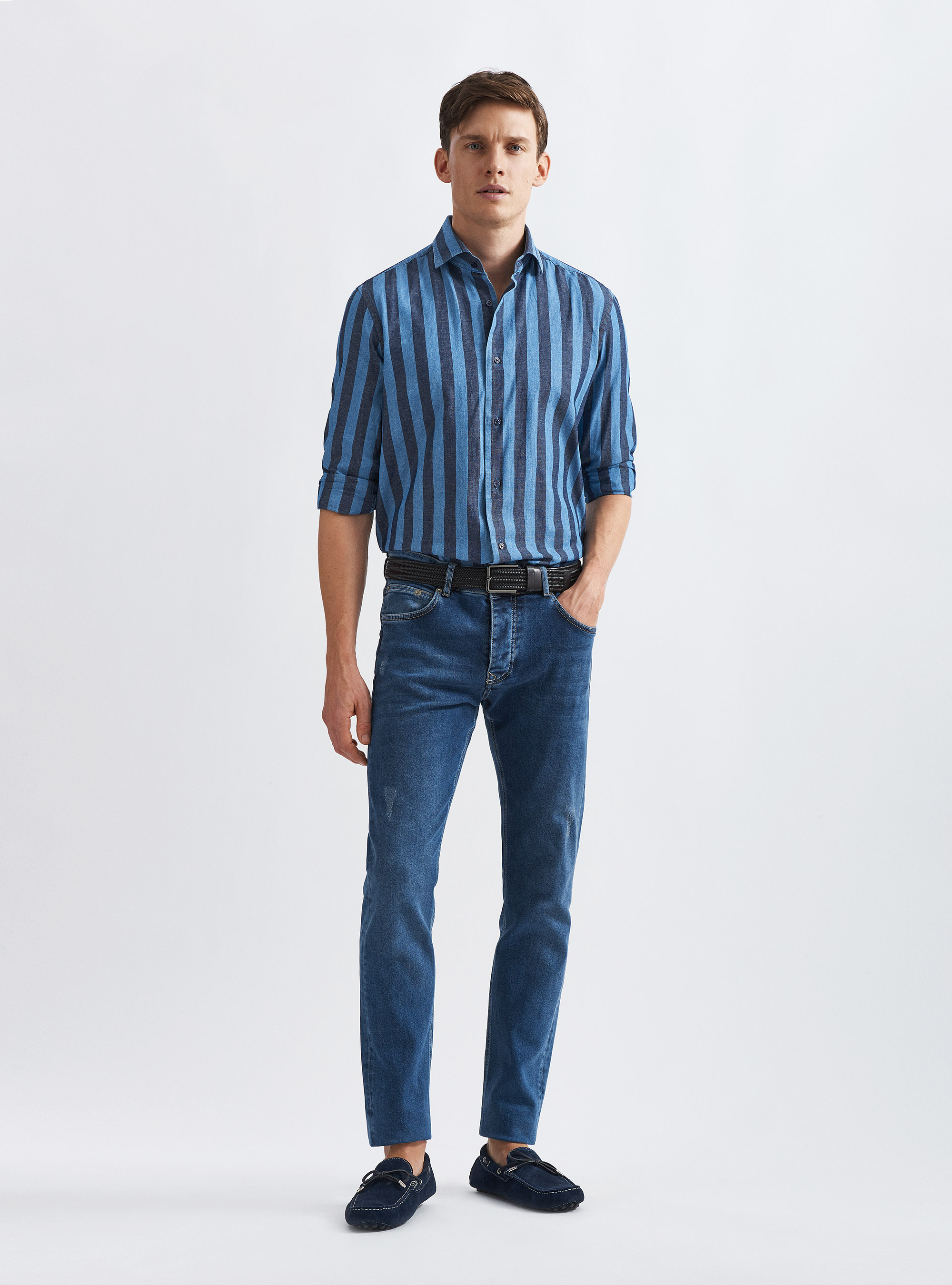 Camicia in cotone e lino a righe, BLU NAVY