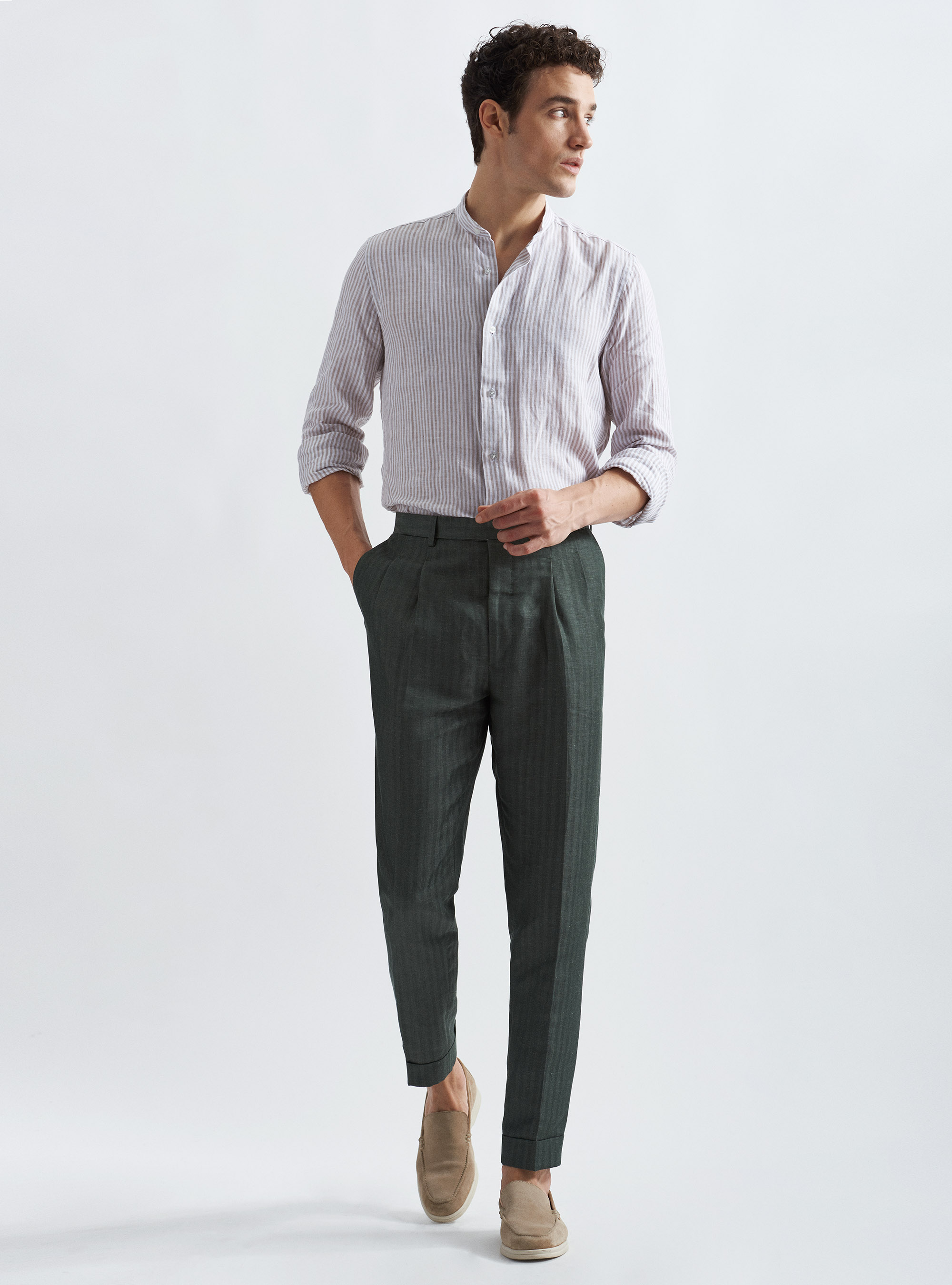 Pantaloni per abito in misto lino, 0609C MILITARE