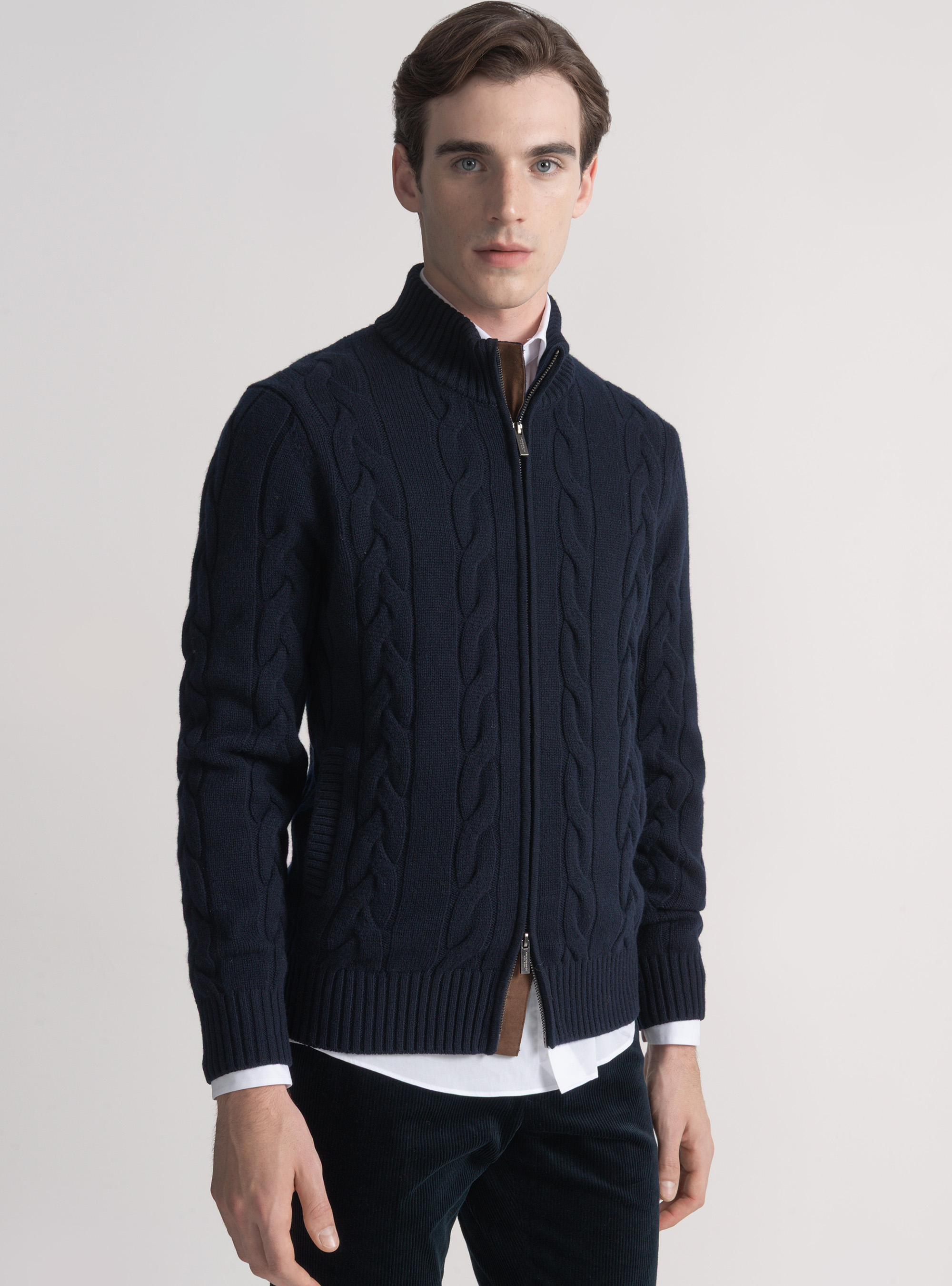 Maglia con zip e treccia in lana cashmere, BLU NAVY