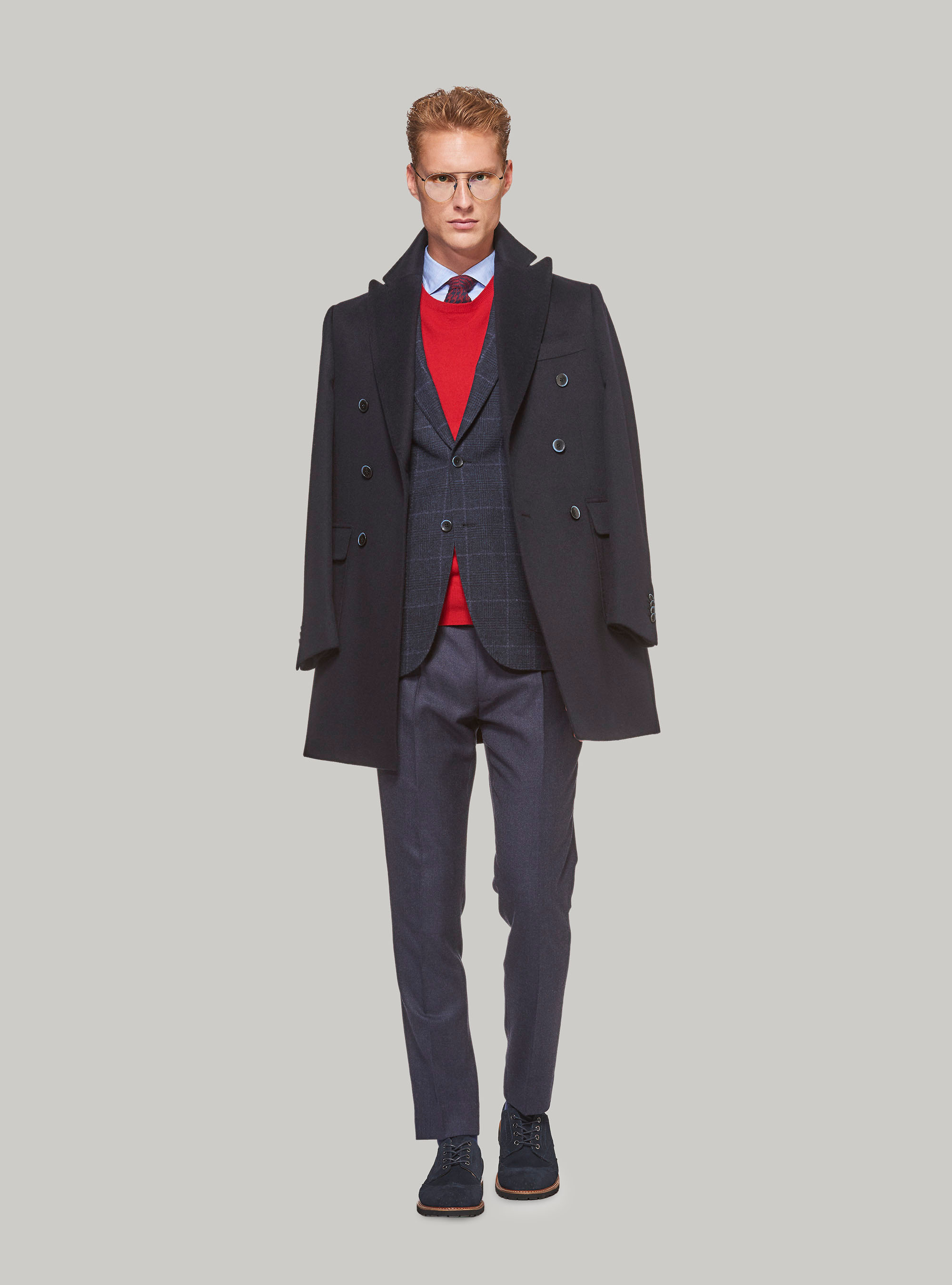 Cappotto doppiopetto in pura lana, BLU NAVY