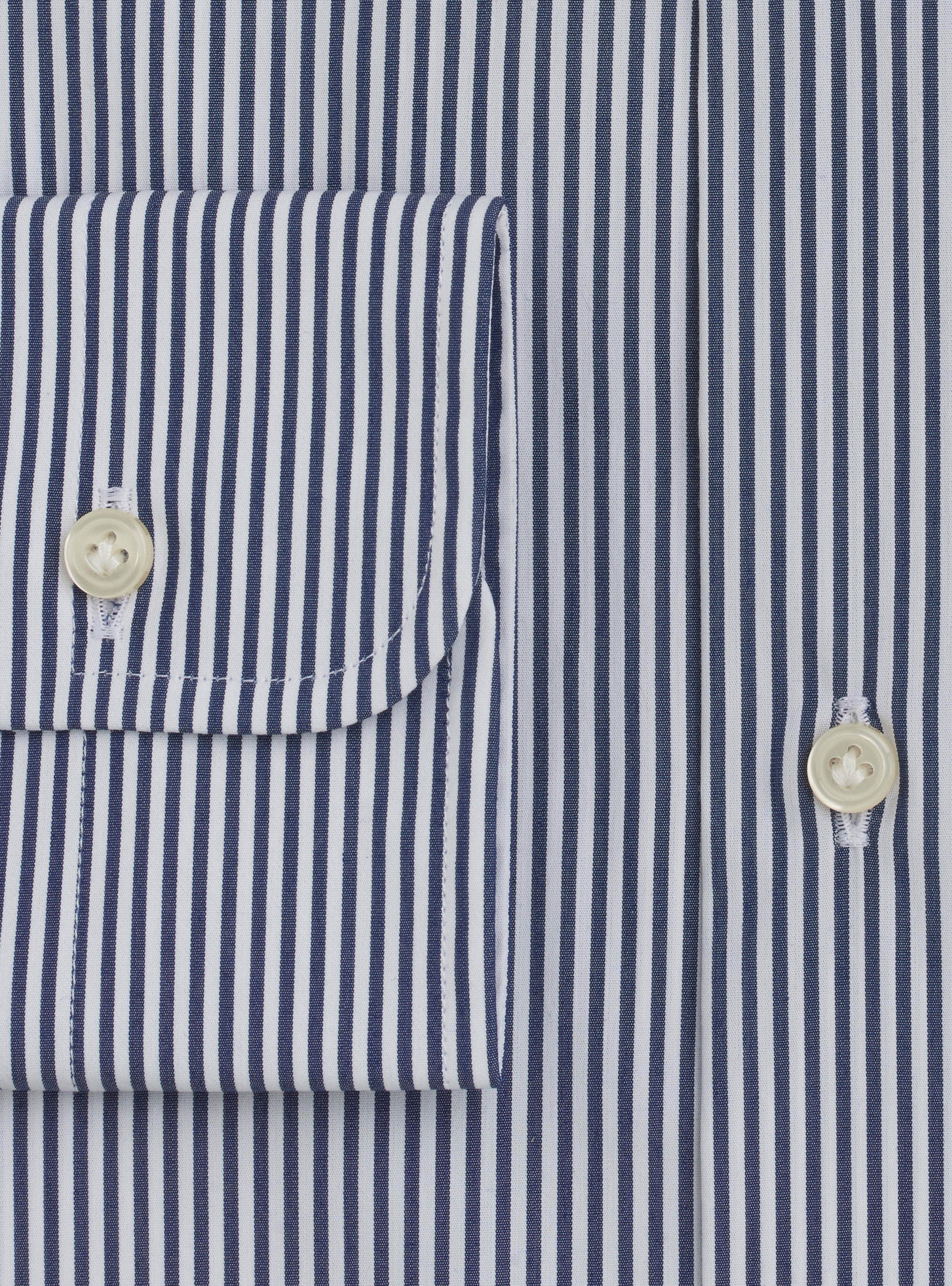 Camicia collo francese semiaperto in popeline di cotone stretch rigato, BLU NAVY