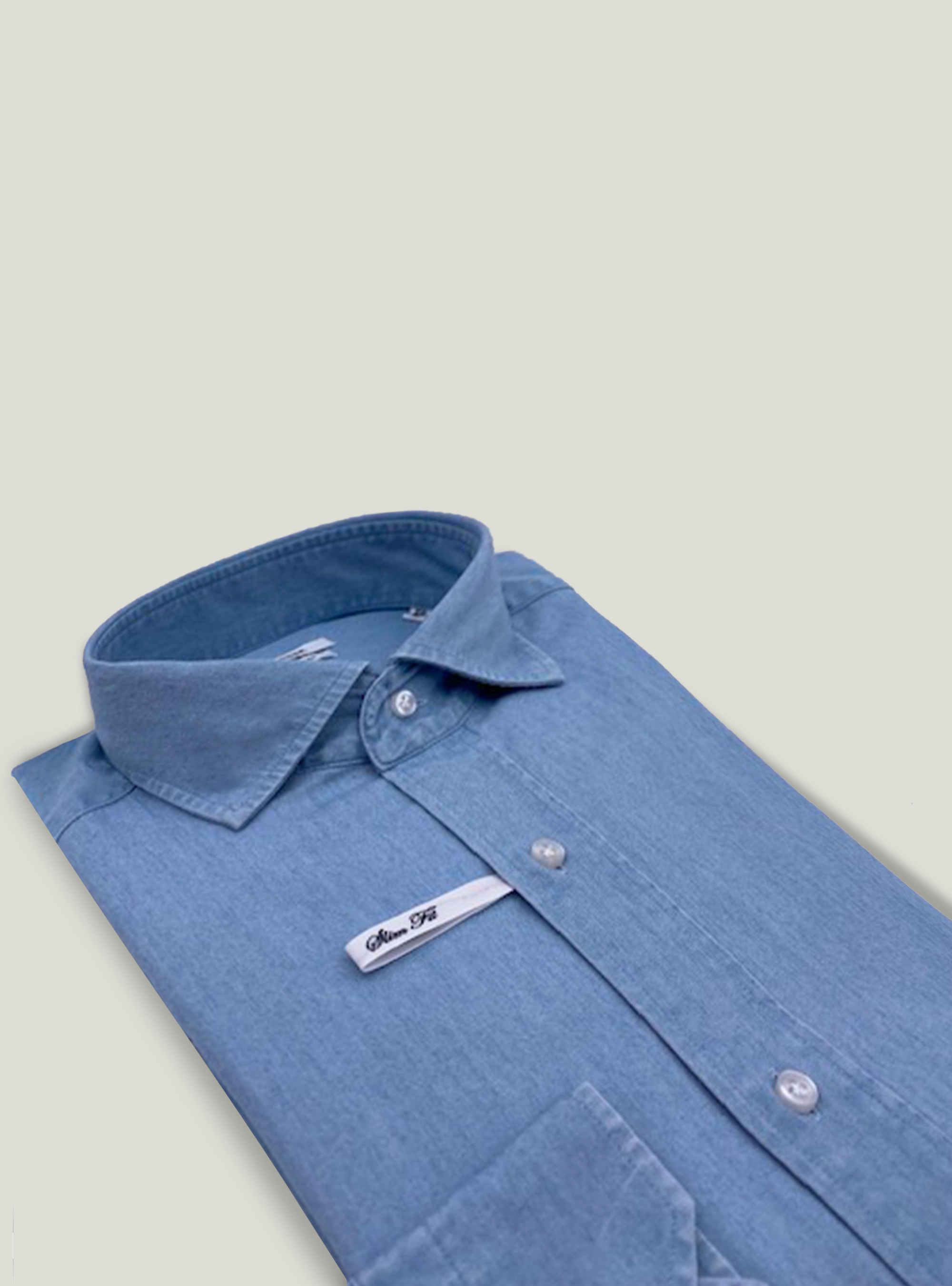Camicia collo francese semiaperto in chambray, AZZURRO