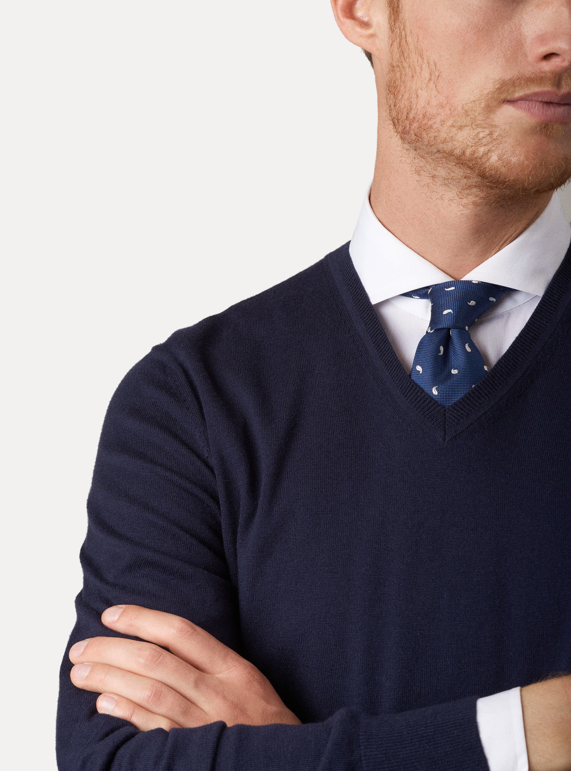 Maglia scollo a V in cotone seta e cashmere, BLU NAVY