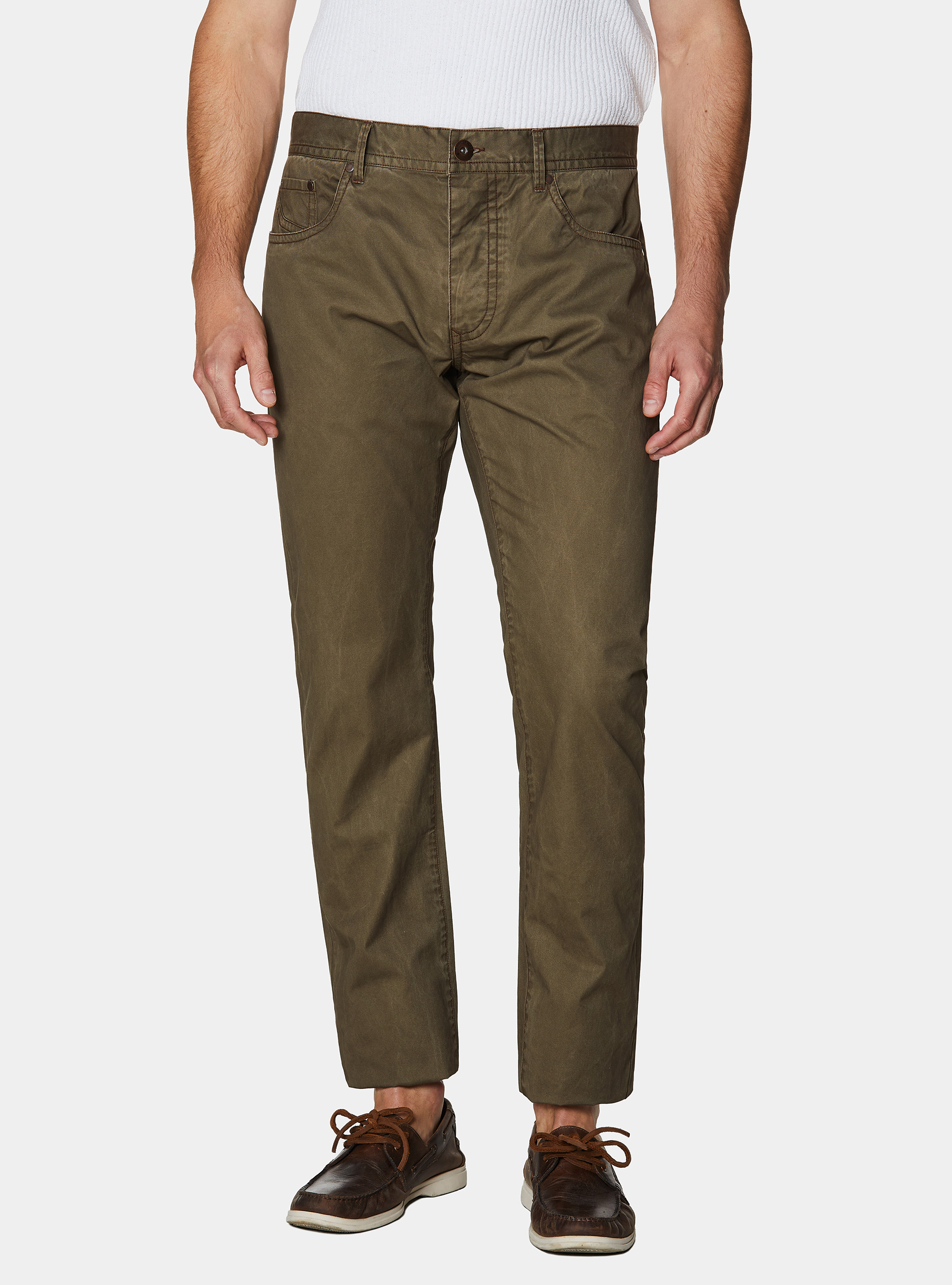 Pantaloni slim fit in cotone lavato, OLIVA