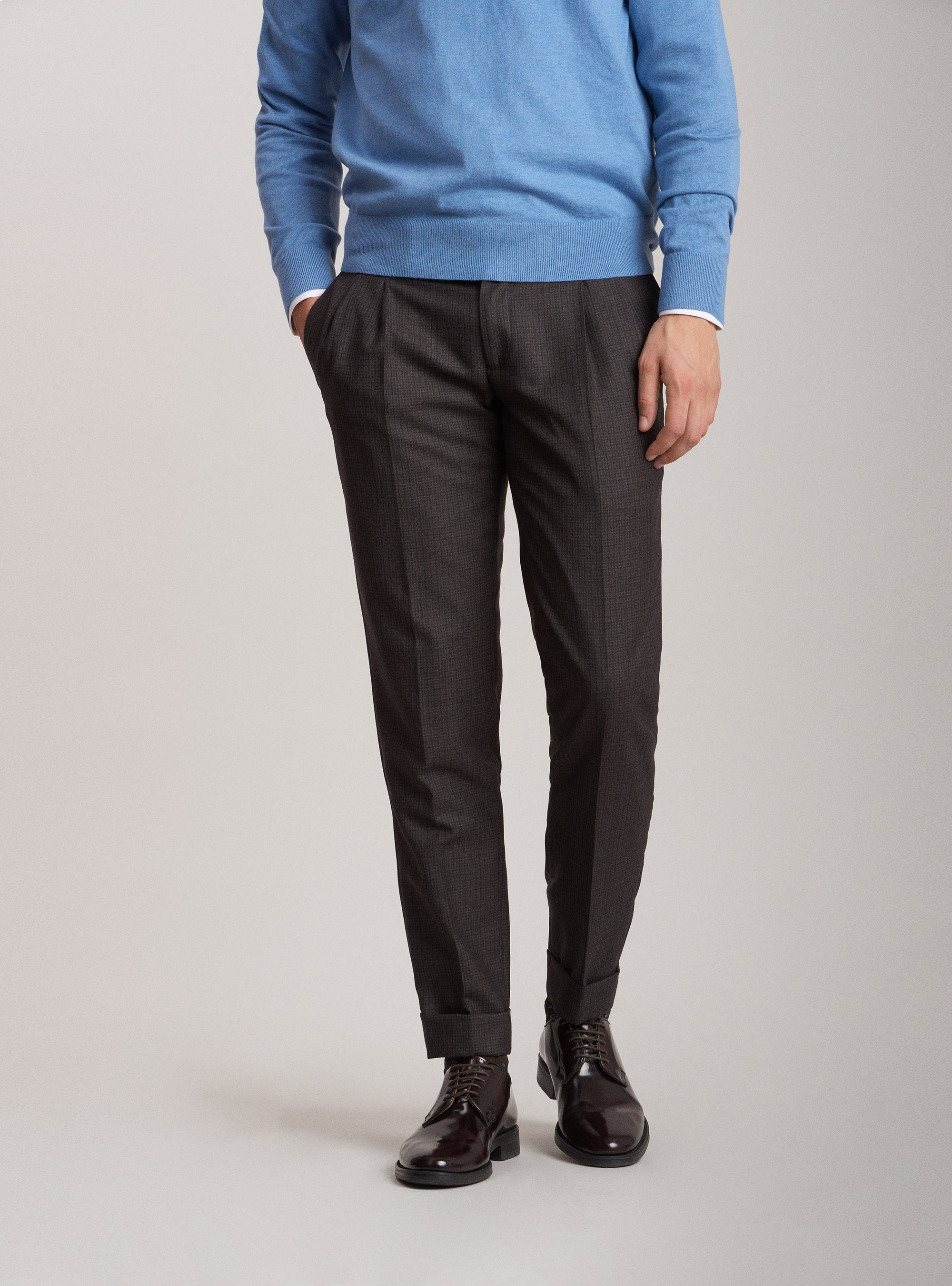 Micro check trousers with double pleats in super 100" wool, NAVY BLUE