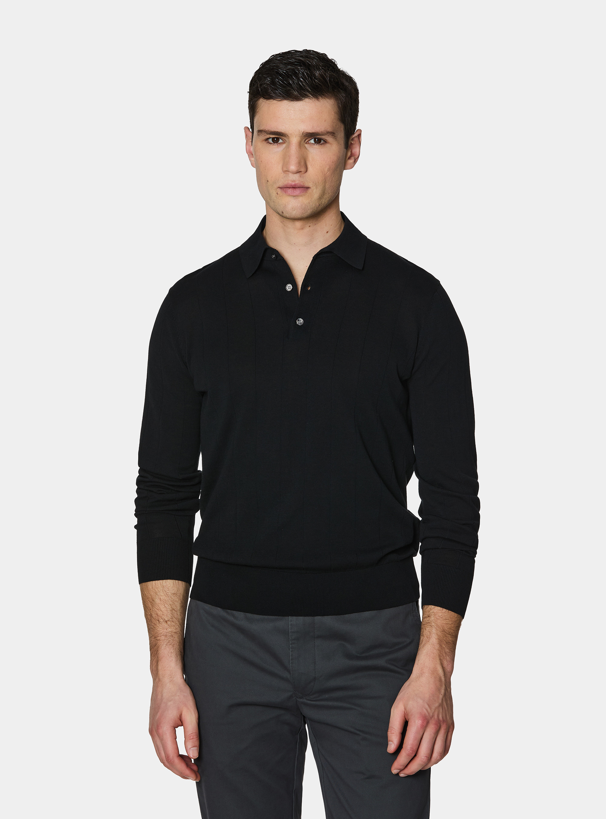 Long-sleeved knit polo shirt, BLACK